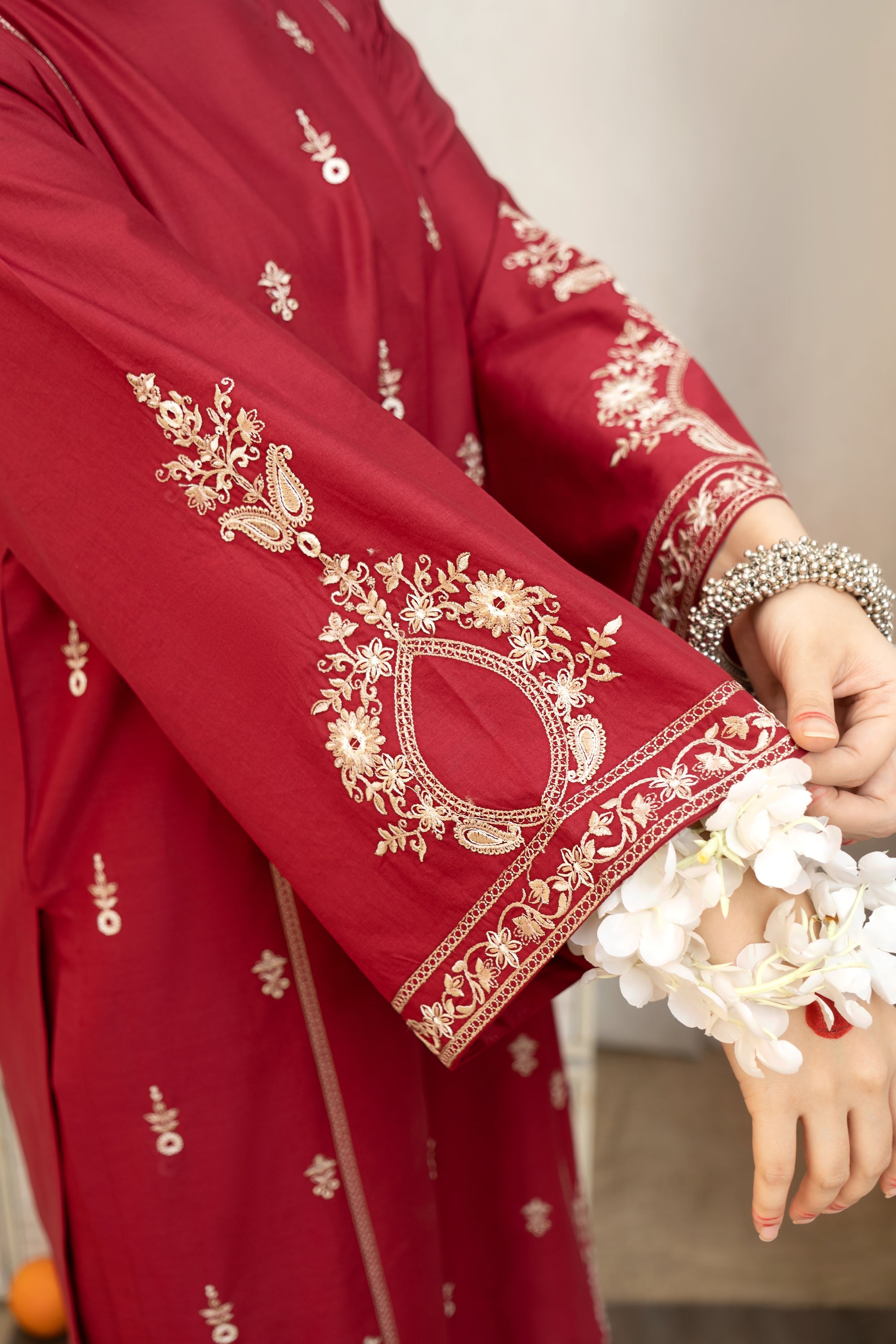 URGE-3PC DHANAK EMBROIDERED SHIRT WITH COUTRAI PRINTED SHAWL AND EMB TROUSER-BIC-4059