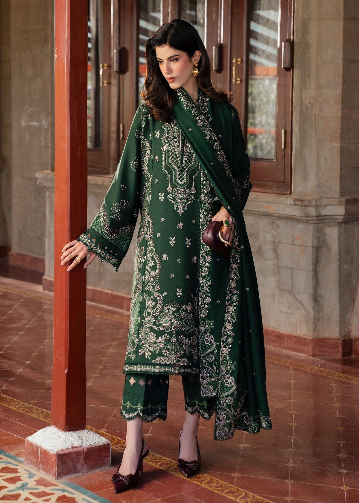 SAPPHIRE-3PC KARANDI EMBROIDERED SHIRT WITH KARANDI EMBROIDERED SHAWL AND TROUSER-BIC-4413