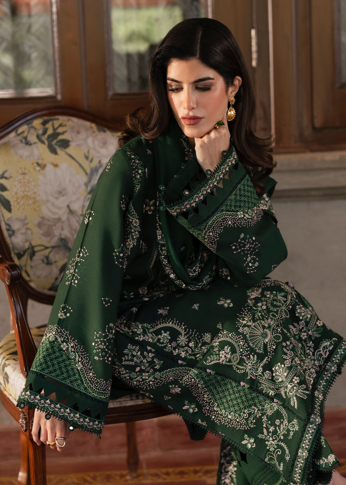SAPPHIRE-3PC KARANDI EMBROIDERED SHIRT WITH KARANDI EMBROIDERED SHAWL AND TROUSER-BIC-4413