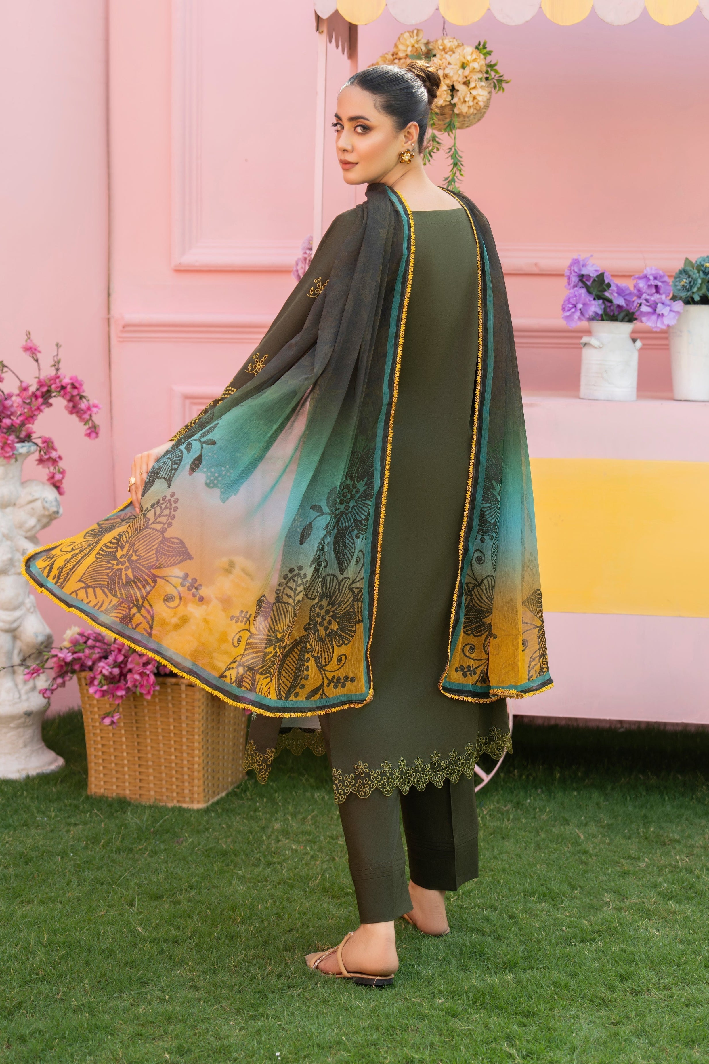 MIRAKHI - 3PC LAWN EMBROIDERED SHIRT WITH CHIFFON PRINTED DUPATTA AND TROUSER -BIC-3807