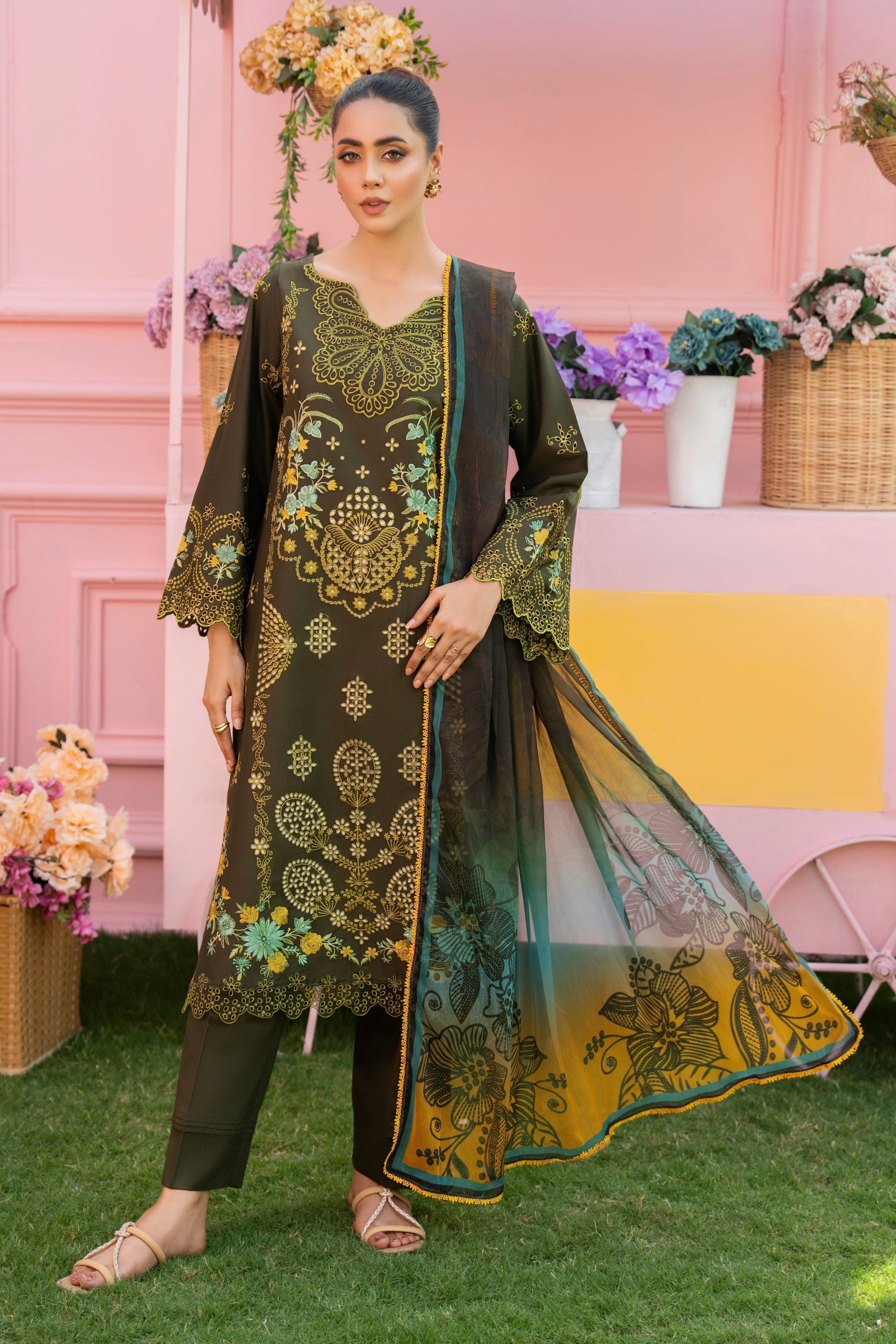 MIRAKHI - 3PC LAWN EMBROIDERED SHIRT WITH CHIFFON PRINTED DUPATTA AND TROUSER -BIC-3807
