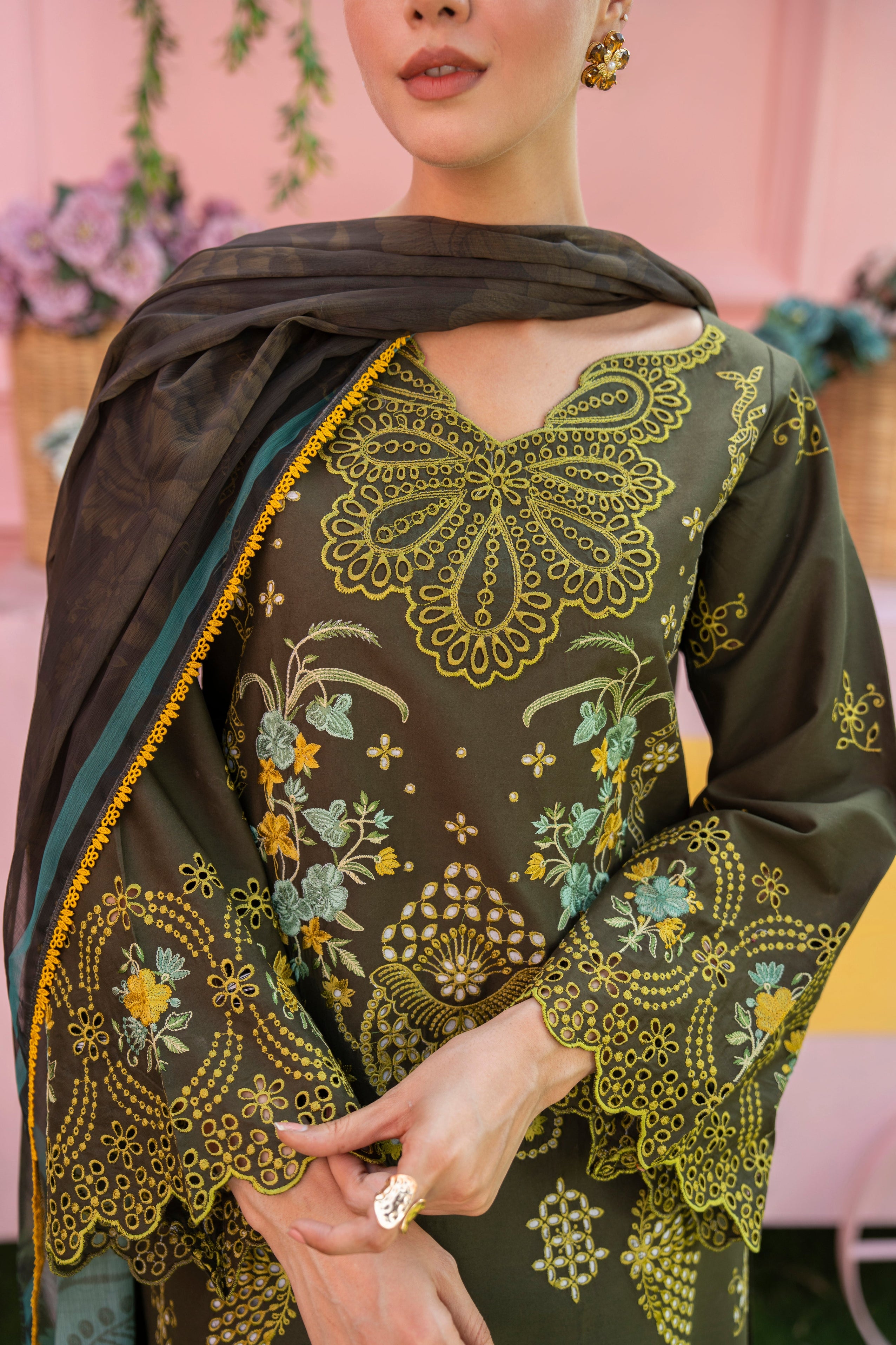 MIRAKHI - 3PC LAWN EMBROIDERED SHIRT WITH CHIFFON PRINTED DUPATTA AND TROUSER -BIC-3807