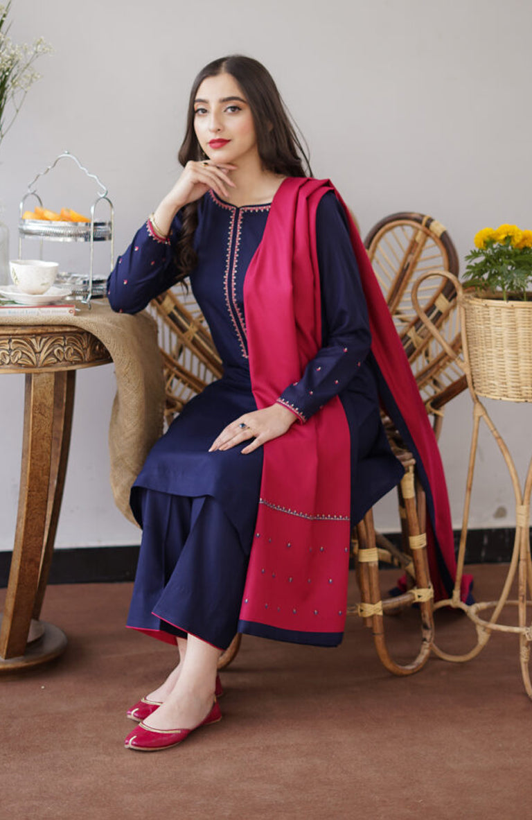 AISLING - 3PC DHANAK EMBROIDERED SHIRT WITH DHANAK EMBROIDERED SHAWL -BIC-3181