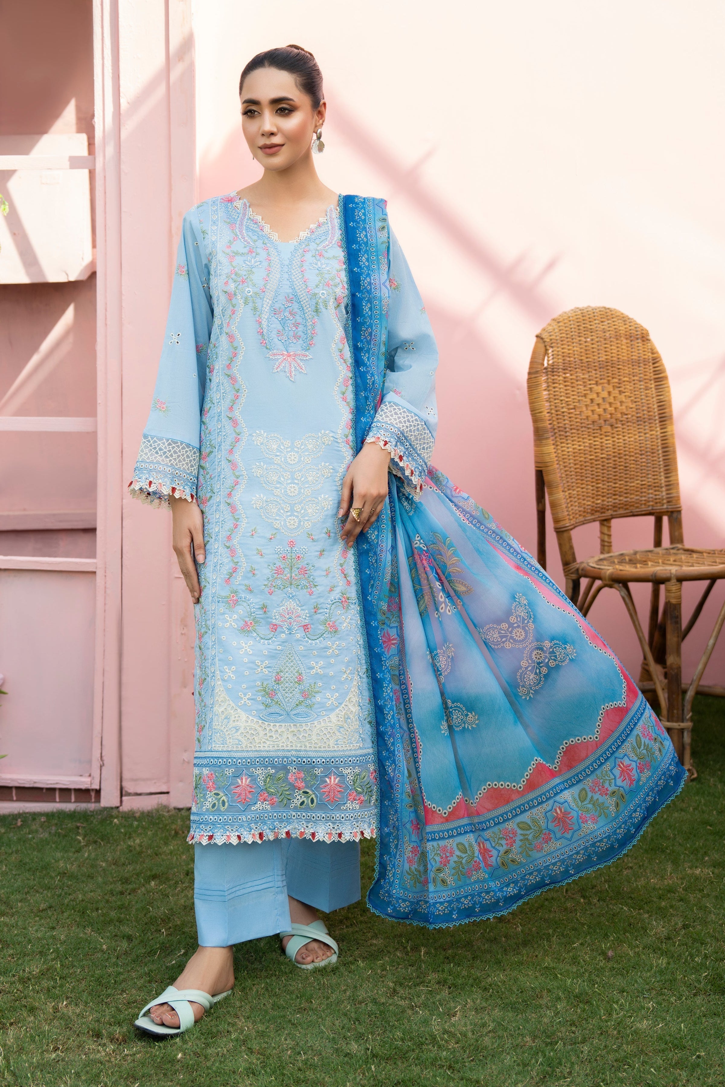 MIRAKHI-3PC LAWN EMBROIDERED SHIRT WITH CHIFFON PRINTED DUPATTA AND TROUSER-BIC-3806