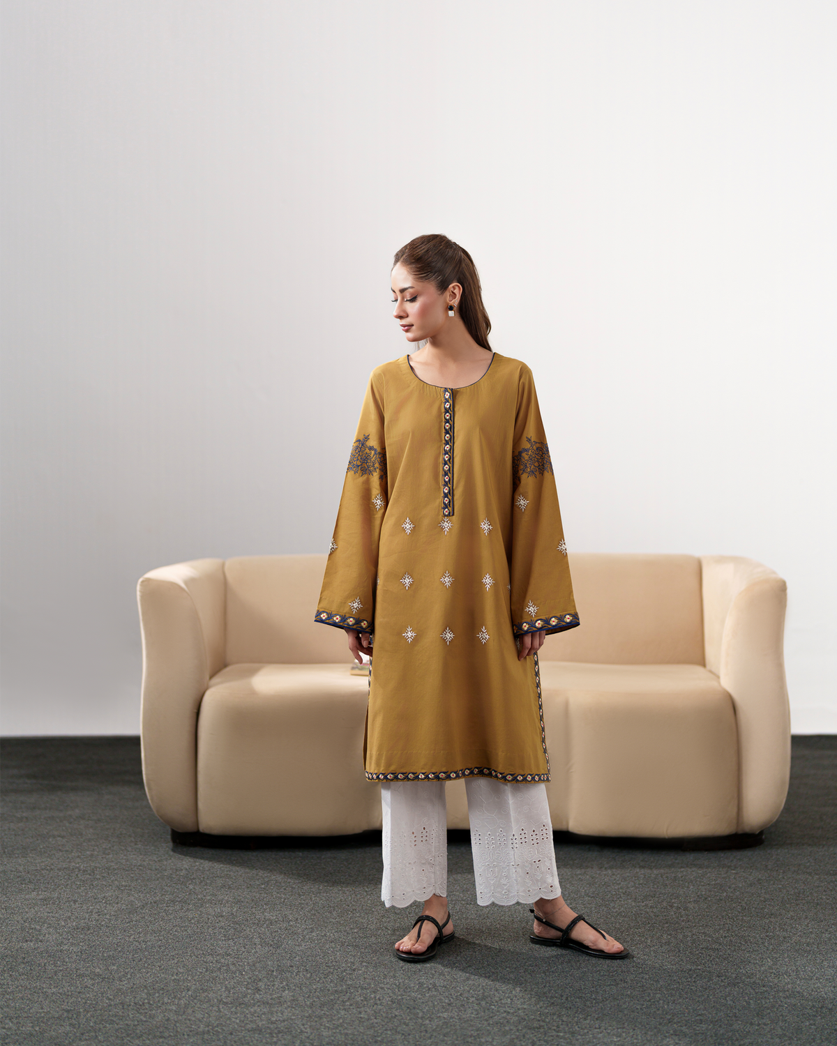 IZEL-3PC DHANAK EMBROIDERED SHIRT WITH DHANAK SHAWL AND EMB TROUSER-BIC-4335