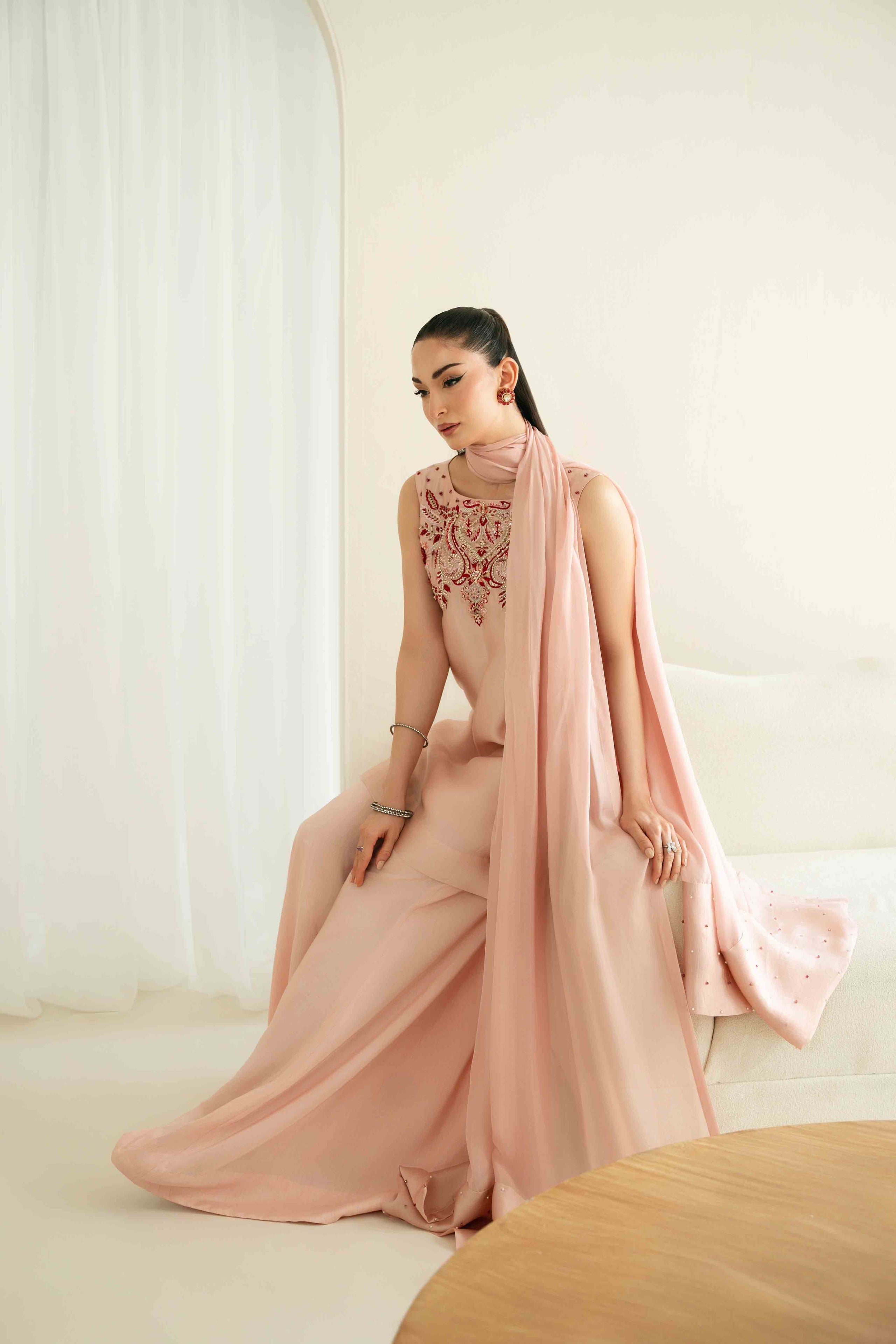 KAIDA-3PC-RAW SILK HAND EMBELLISHED SHIRT EMBROIDRED SOFT SILKDUPATTA AND RAW SILK EMBROIDERED TROUSER-5165