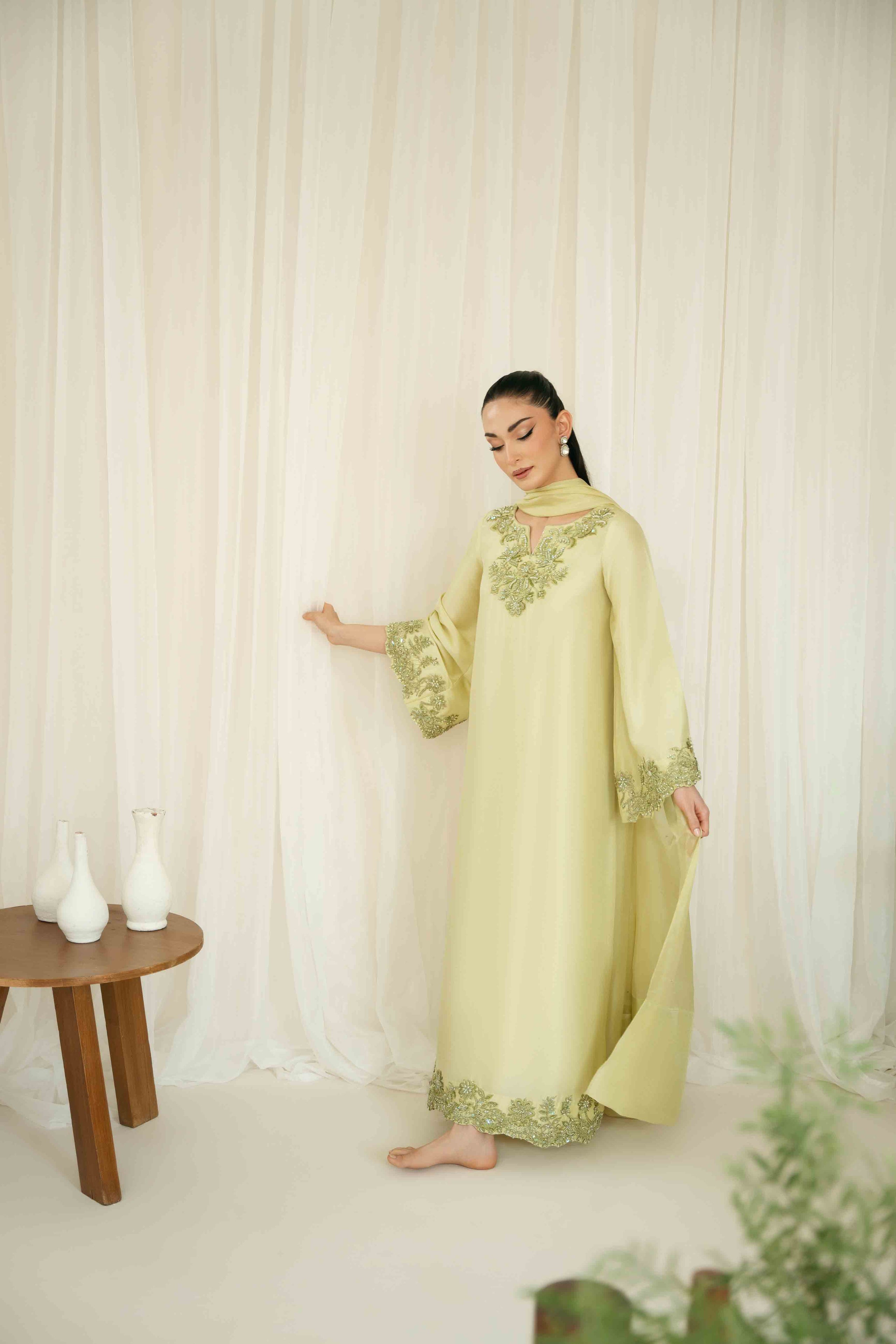 KAIDA-3PC-RAW SILK HAND EMBELLISHED SHIRT EMBROIDRED SOFT SILKDUPATTA AND RAW SILK EMBROIDERED TROUSER-5142