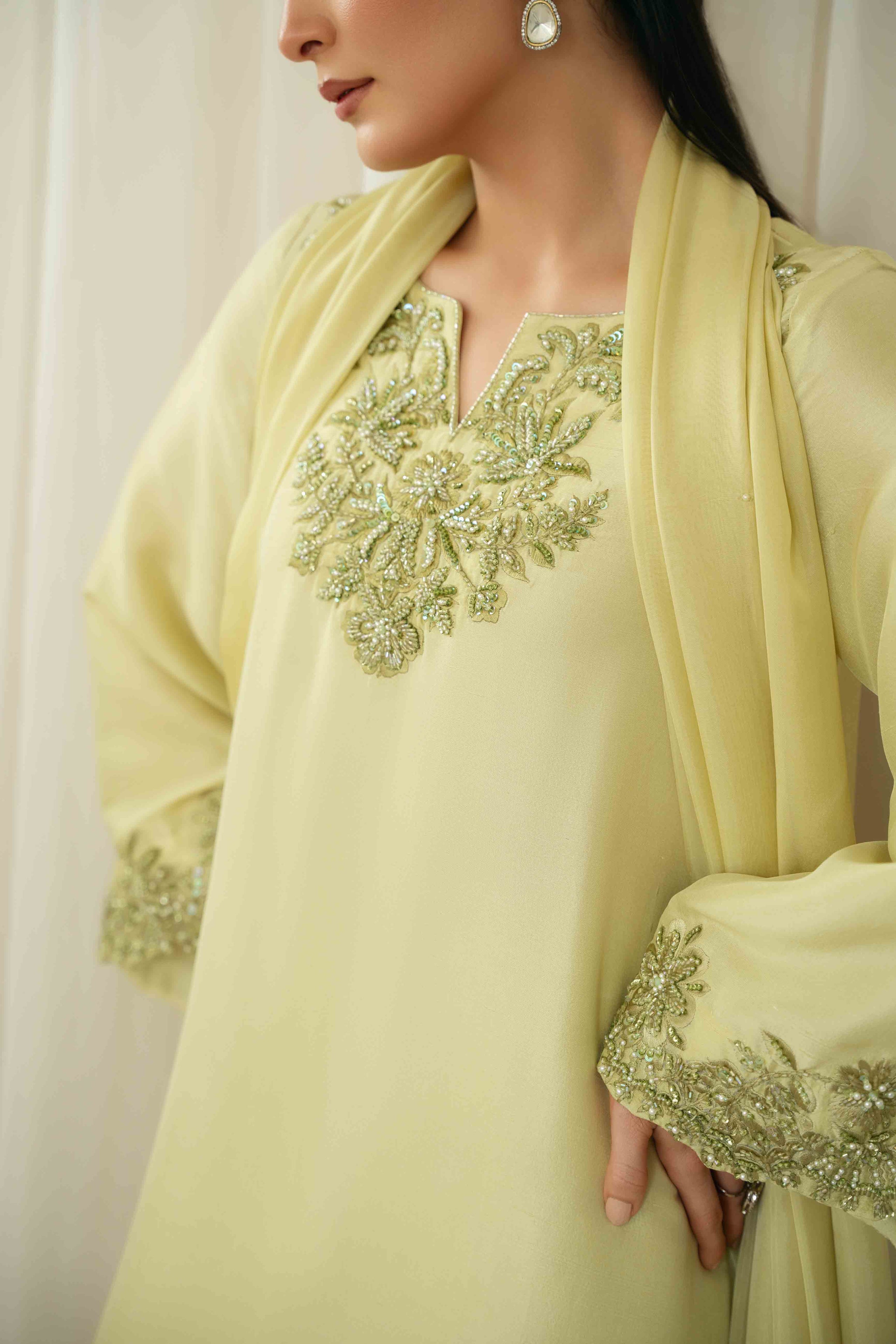 KAIDA-3PC-RAW SILK HAND EMBELLISHED SHIRT EMBROIDRED SOFT SILKDUPATTA AND RAW SILK EMBROIDERED TROUSER-5142