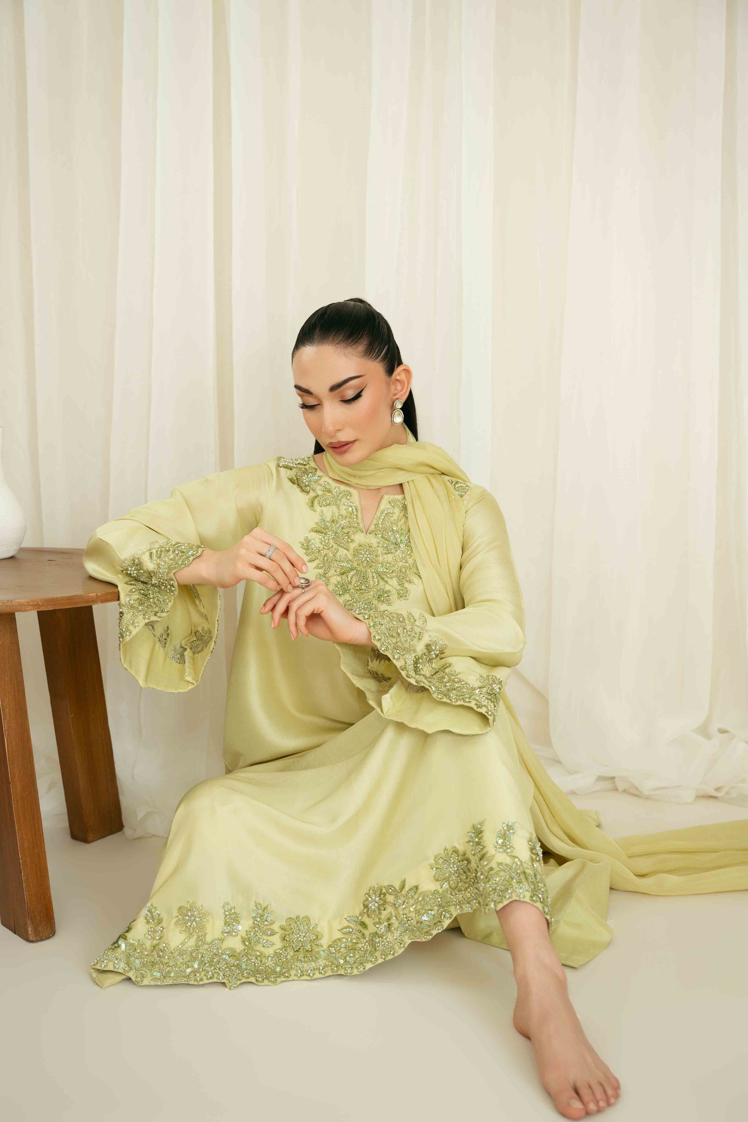 KAIDA-3PC-RAW SILK HAND EMBELLISHED SHIRT EMBROIDRED SOFT SILKDUPATTA AND RAW SILK EMBROIDERED TROUSER-5142
