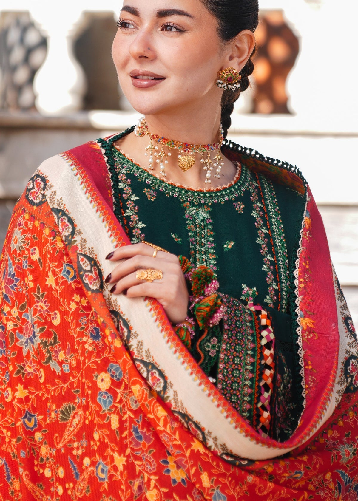 HUSSAIN REHAR-3PC DHANAK EMBROIDERED SHIRT WITH COUTRAI PRINTED SHAWL AND TROUSER-BIC-5212