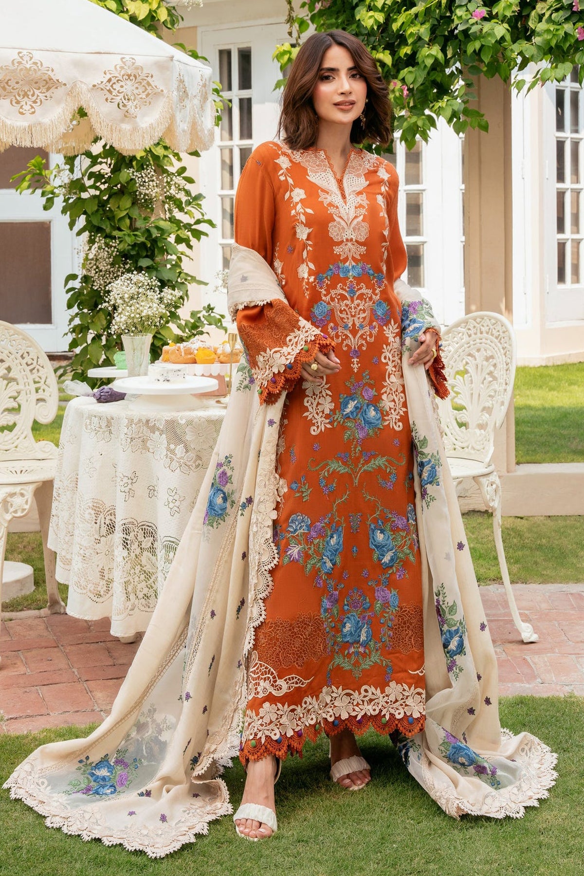 ANEELAS-3PC KARANDI EMBROIDERED SHIRT WITH KARANDI EMBROIDERED SHAWL AND TROUSER-BIC-5290