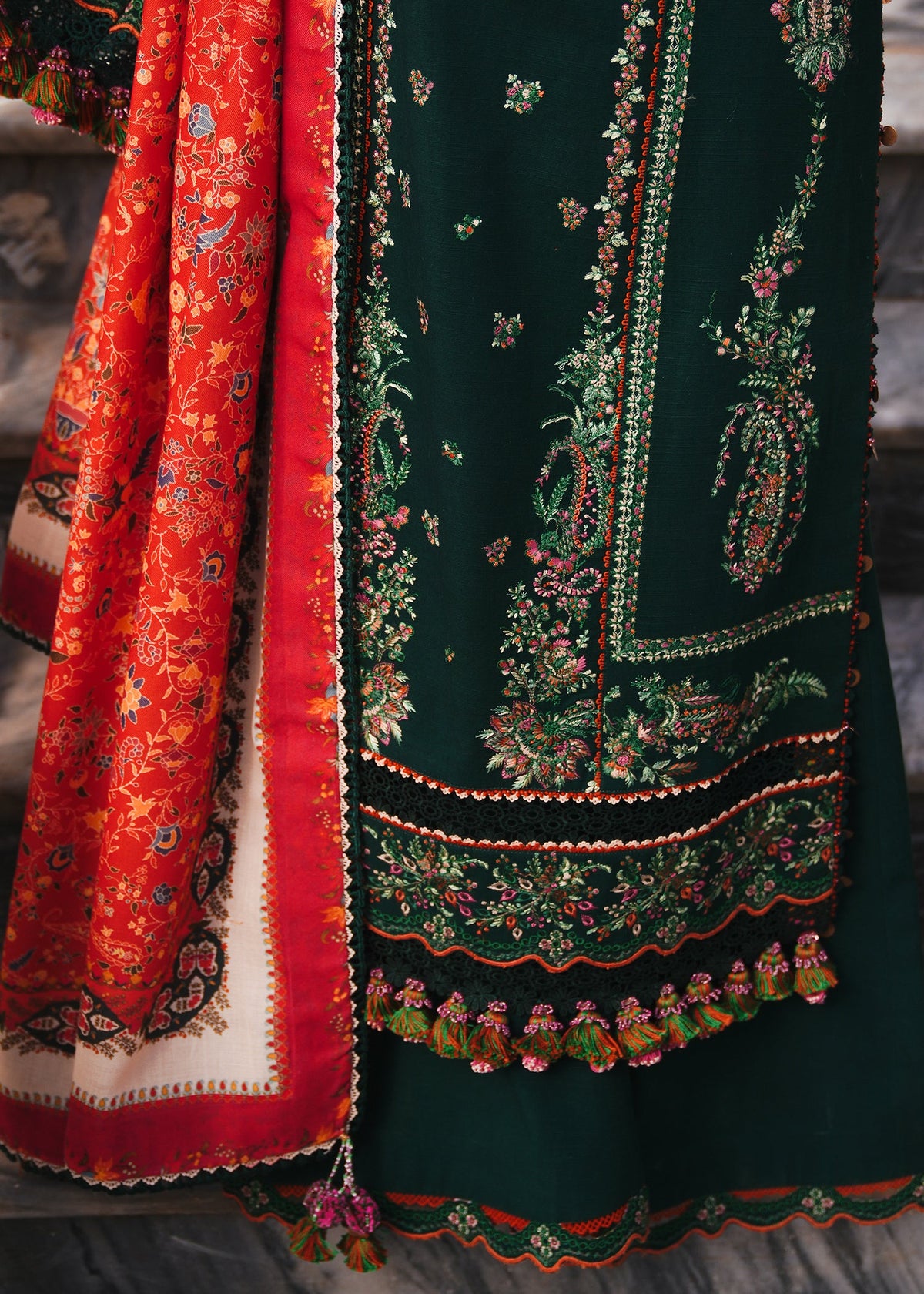 HUSSAIN REHAR-3PC DHANAK EMBROIDERED SHIRT WITH COUTRAI PRINTED SHAWL AND TROUSER-BIC-5212