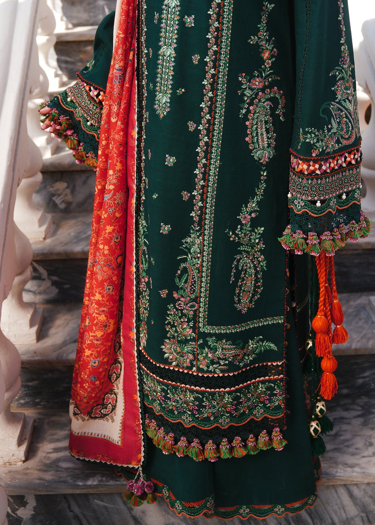 HUSSAIN REHAR-3PC DHANAK EMBROIDERED SHIRT WITH COUTRAI PRINTED SHAWL AND TROUSER-BIC-5212