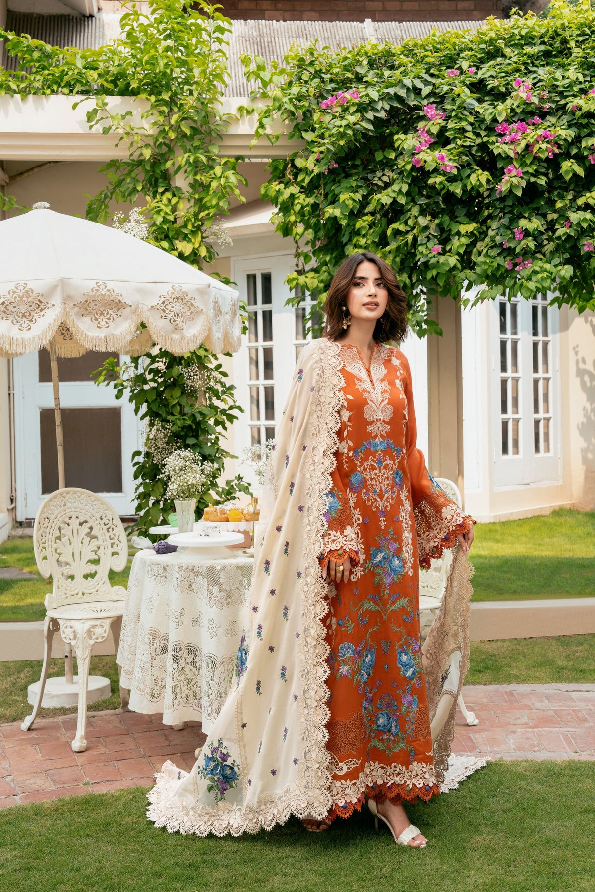 ANEELAS-3PC KARANDI EMBROIDERED SHIRT WITH KARANDI EMBROIDERED SHAWL AND TROUSER-BIC-5290