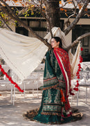 HUSSAIN REHAR-3PC DHANAK EMBROIDERED SHIRT WITH COUTRAI PRINTED SHAWL AND TROUSER-BIC-5212
