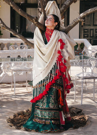 HUSSAIN REHAR-3PC DHANAK EMBROIDERED SHIRT WITH COUTRAI PRINTED SHAWL AND TROUSER-BIC-5212