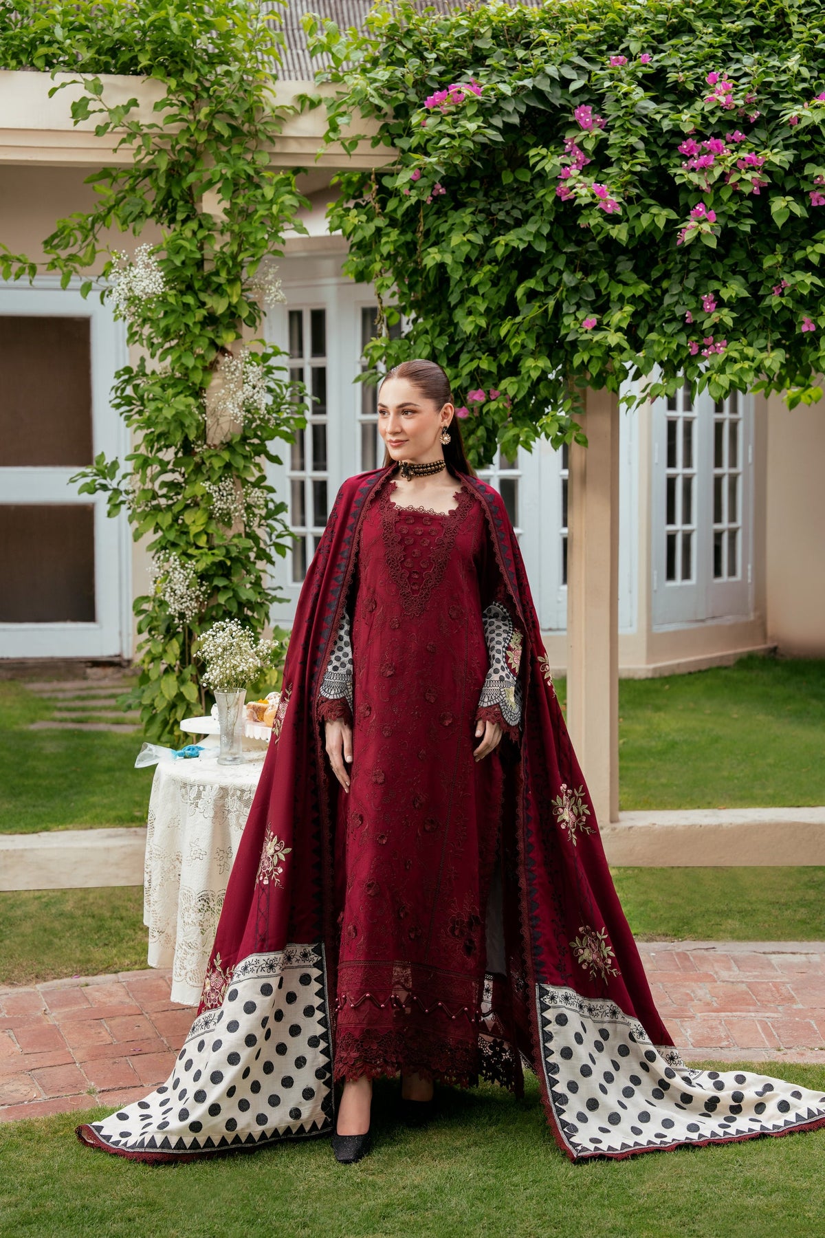 ANEELAS-3PC KARANDI EMBROIDERED SHIRT WITH KARANDI EMBROIDERED SHAWL AND TROUSER-BIC-5303