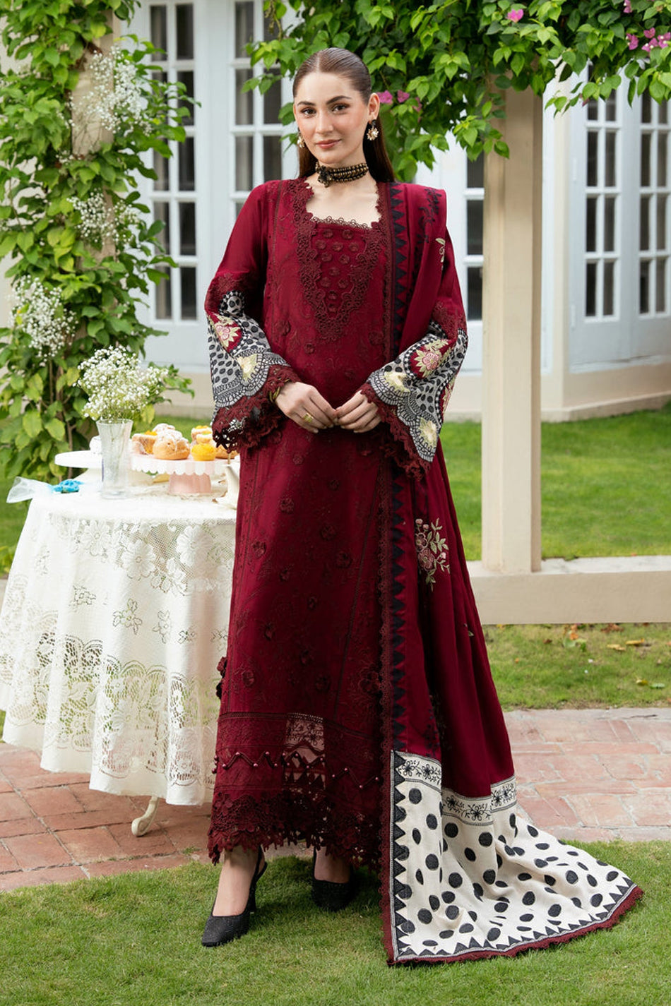 ANEELAS-3PC KARANDI EMBROIDERED SHIRT WITH KARANDI EMBROIDERED SHAWL AND TROUSER-BIC-5303