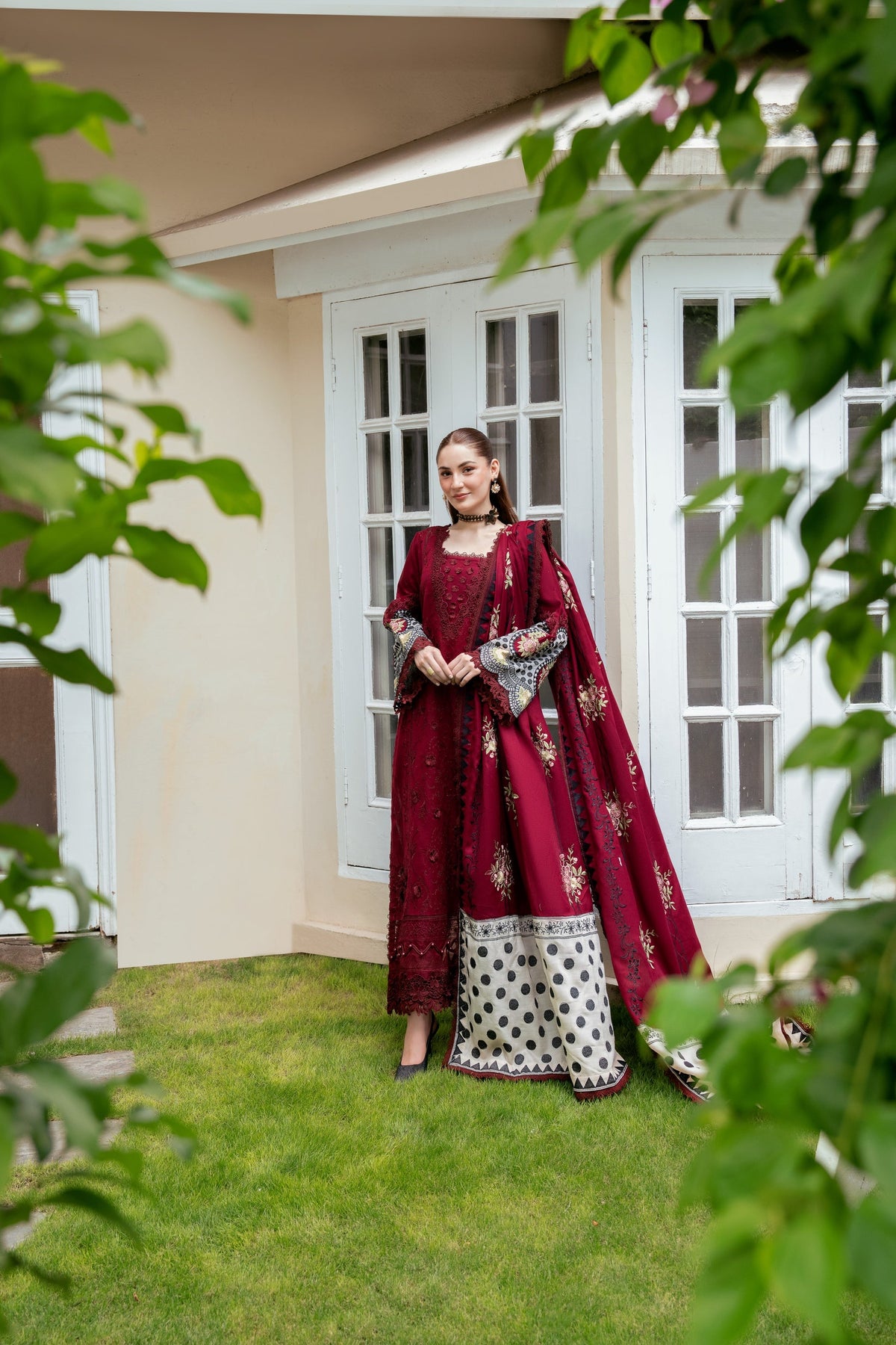 ANEELAS-3PC KARANDI EMBROIDERED SHIRT WITH KARANDI EMBROIDERED SHAWL AND TROUSER-BIC-5303