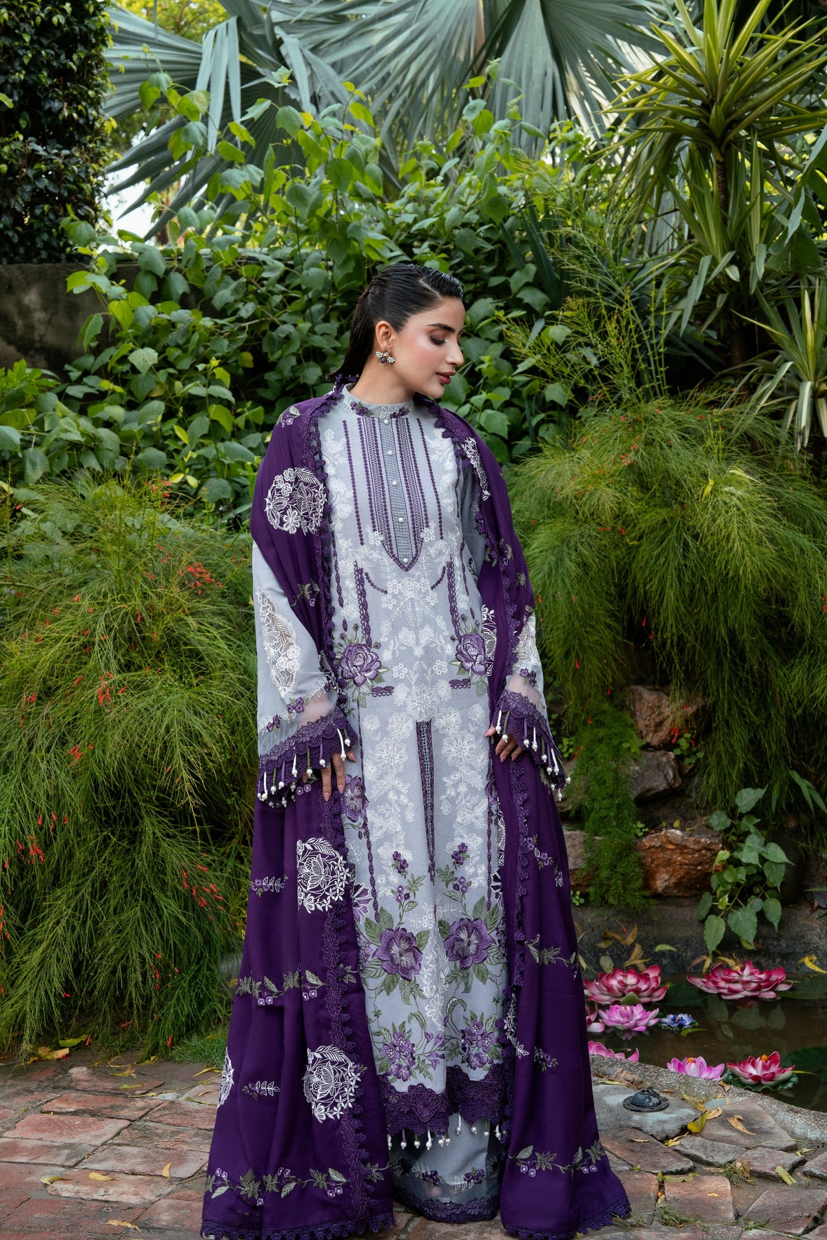 ANEELAS-3PC DHANAK EMBROIDERED SHIRT WITH DHANAK EMBROIDERED SHAWL AND TROUSER-BIC-5291
