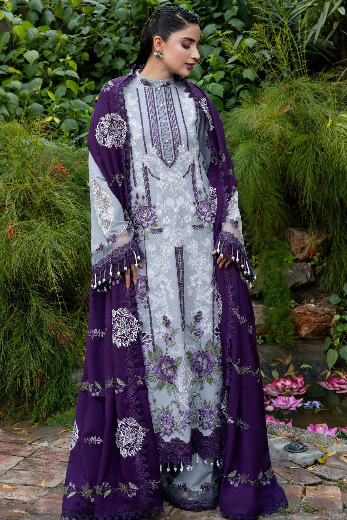 ANEELAS-3PC DHANAK EMBROIDERED SHIRT WITH DHANAK EMBROIDERED SHAWL AND TROUSER-BIC-5291