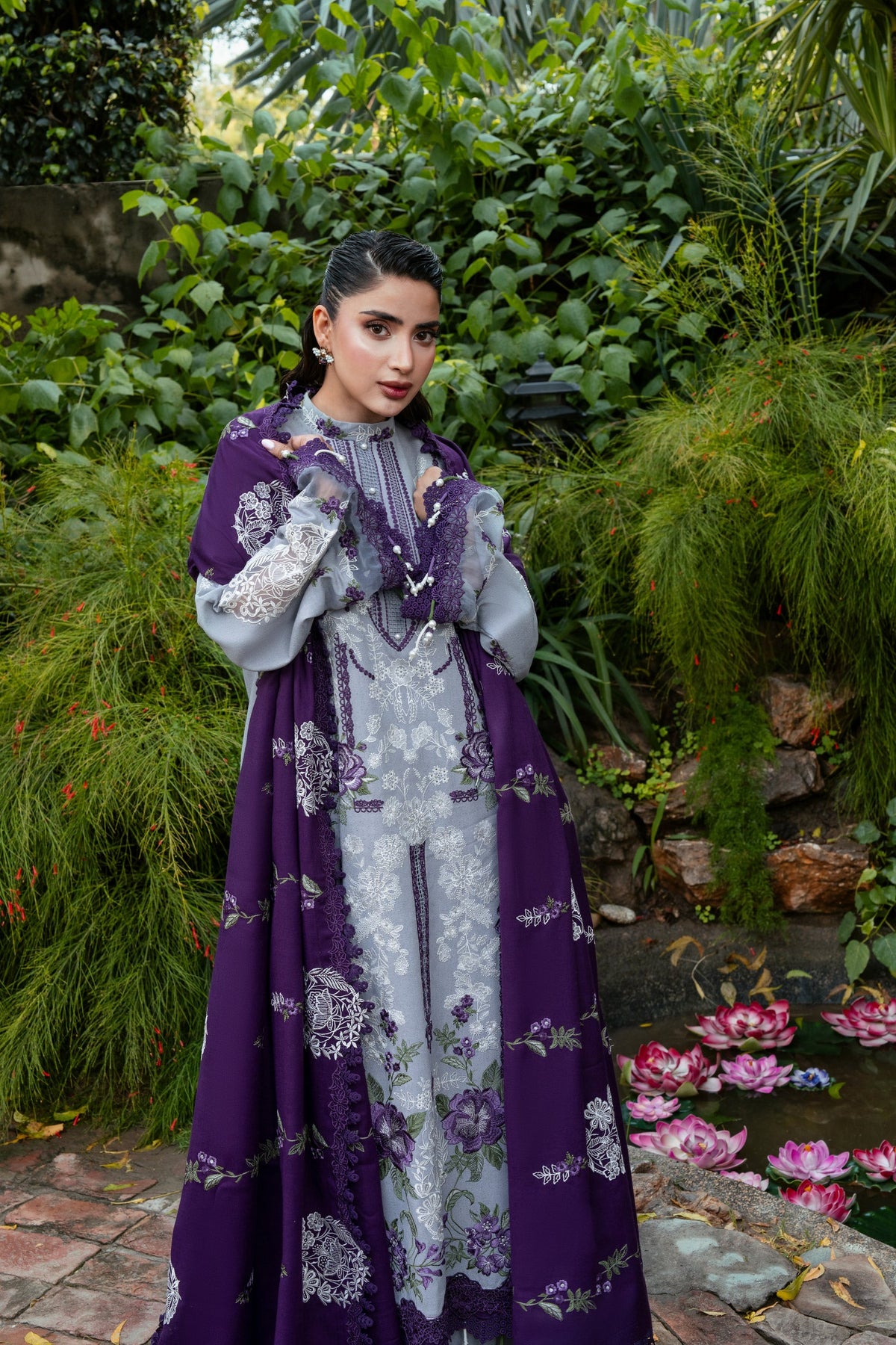ANEELAS-3PC DHANAK EMBROIDERED SHIRT WITH DHANAK EMBROIDERED SHAWL AND TROUSER-BIC-5291
