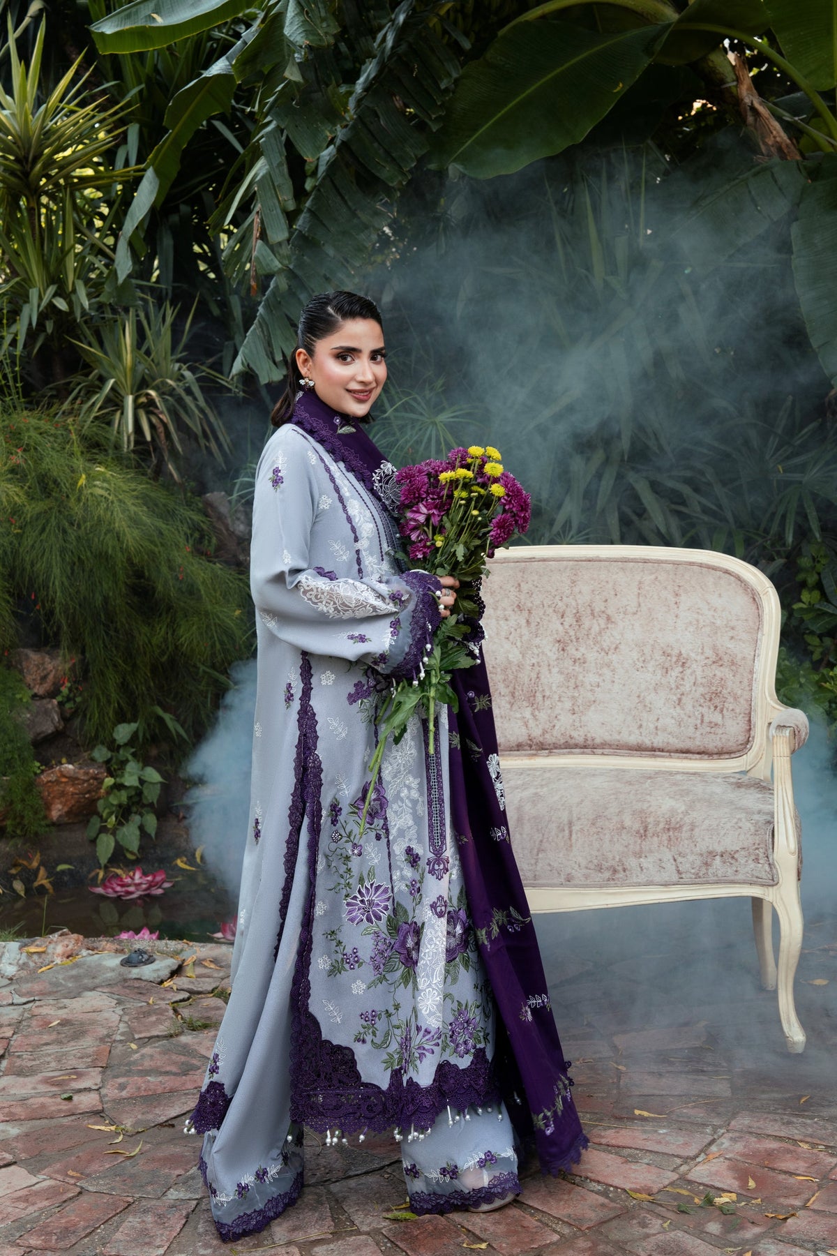 ANEELAS-3PC DHANAK EMBROIDERED SHIRT WITH DHANAK EMBROIDERED SHAWL AND TROUSER-BIC-5291