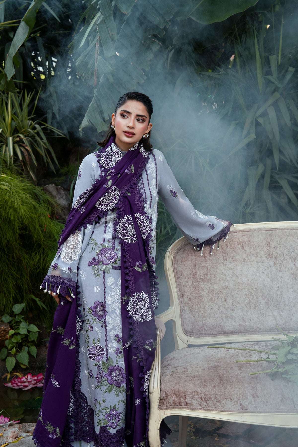 ANEELAS-3PC DHANAK EMBROIDERED SHIRT WITH DHANAK EMBROIDERED SHAWL AND TROUSER-BIC-5291