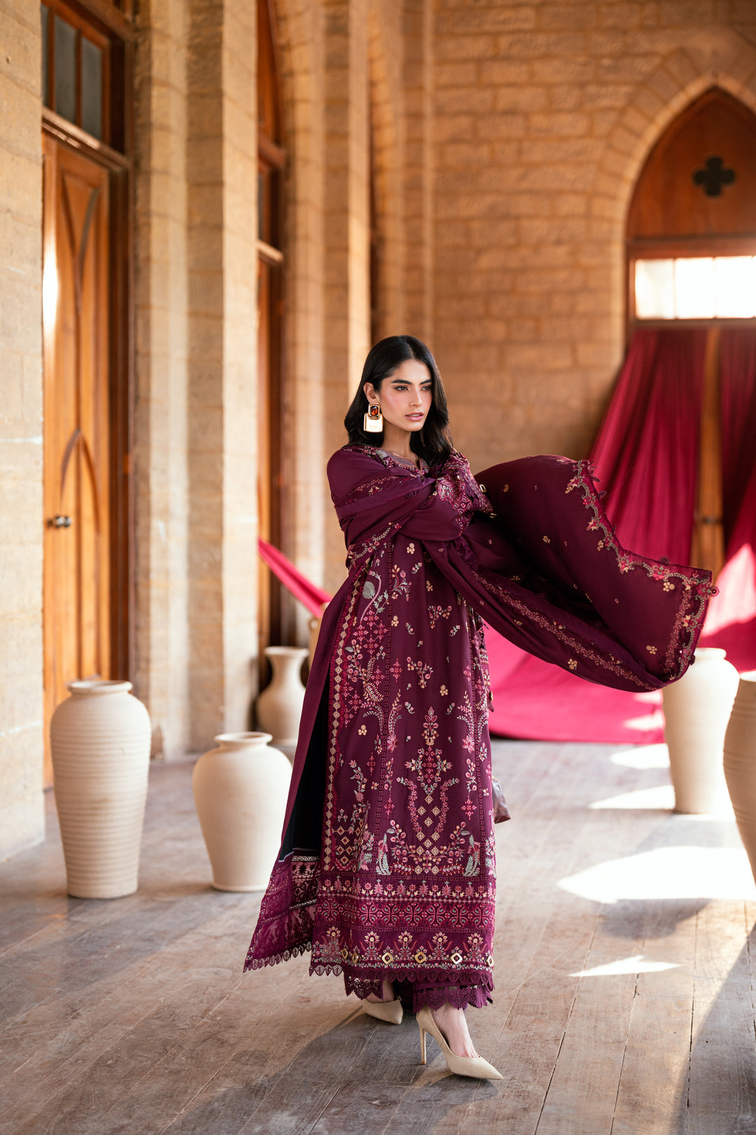 FLORENT-3PC DHANAK EMBROIDERED SHIRT WITH DHANAK EMBROIDERED SHAWL AND TROUSER-BIC-5046
