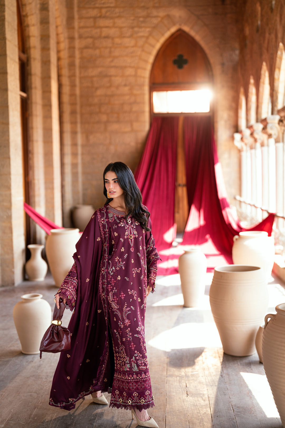 FLORENT-3PC DHANAK EMBROIDERED SHIRT WITH DHANAK EMBROIDERED SHAWL AND TROUSER-BIC-5046