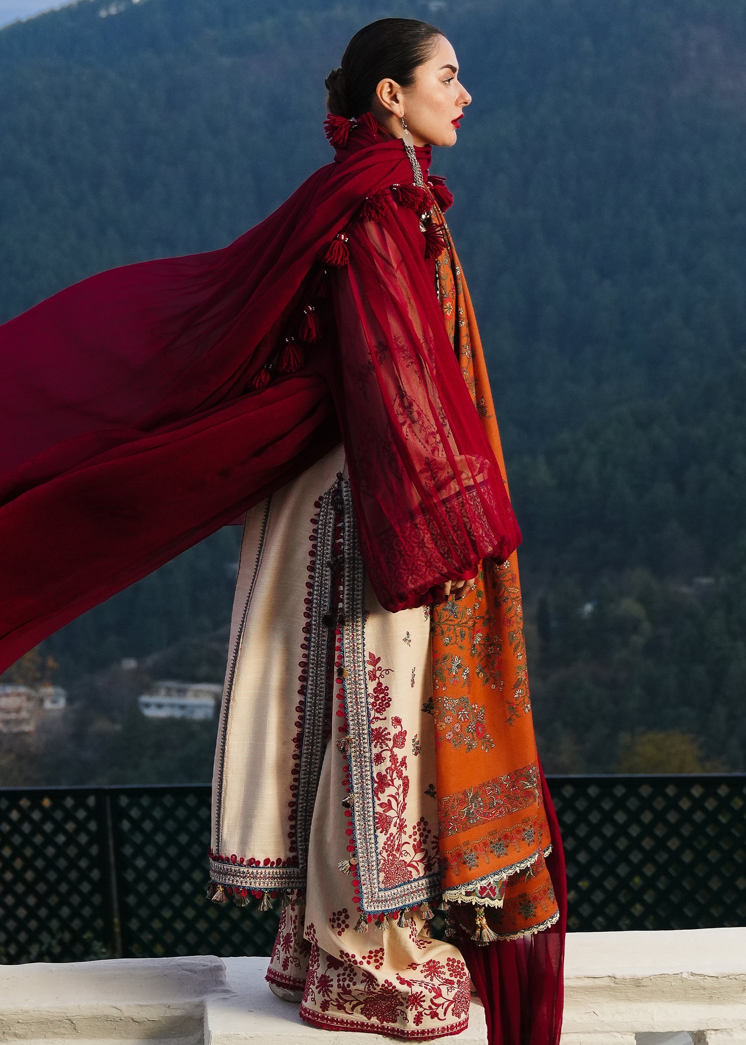 HUSSAIN REHAR-3PC DHANAK EMBROIDERED SHIRT WITH COURTRAI PRINTED SHAWL AND TROUSER-BIC-4260