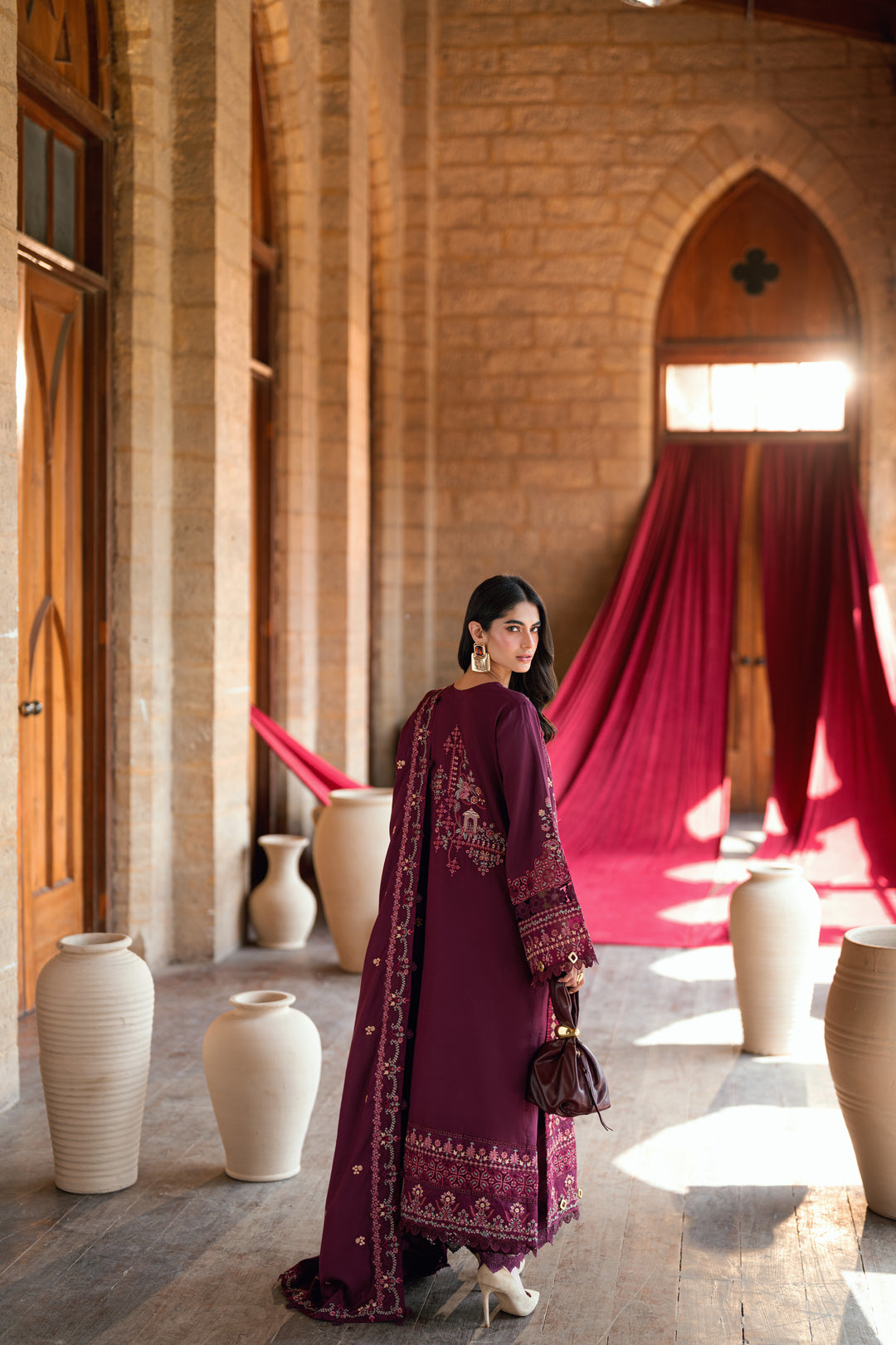 FLORENT-3PC DHANAK EMBROIDERED SHIRT WITH DHANAK EMBROIDERED SHAWL AND TROUSER-BIC-5046