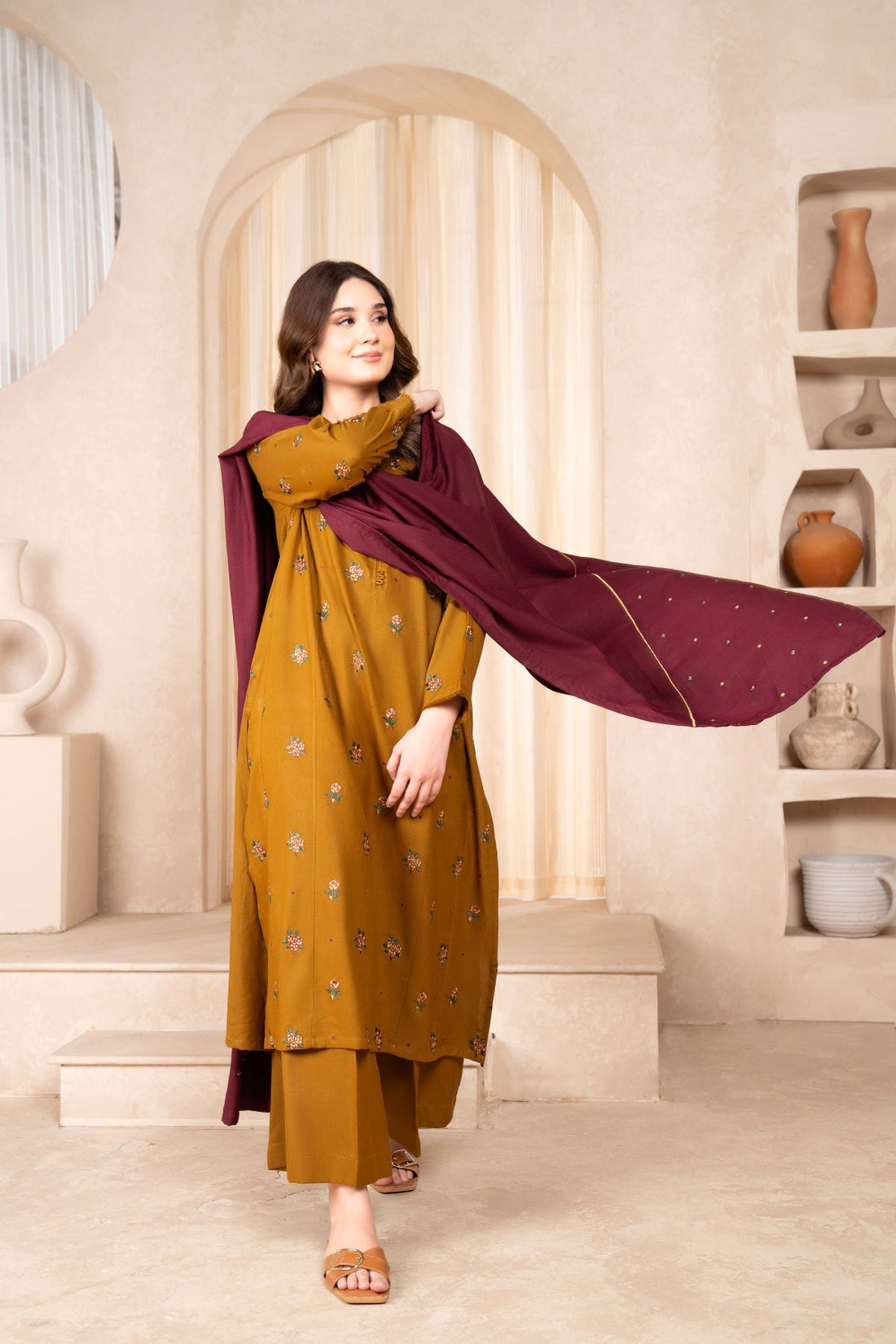 LAZULI- 3PC DHANAK EMBROIDERED SHIRT DHANAK EMBROIDERED DUPATTA AND TROUSER-BIC-3307