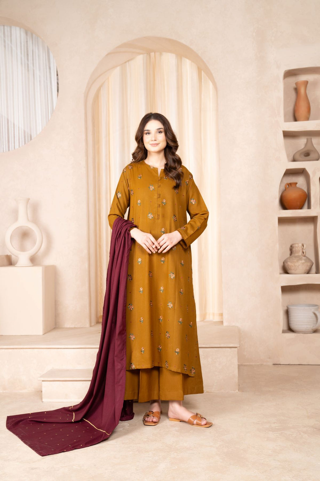LAZULI- 3PC DHANAK EMBROIDERED SHIRT DHANAK EMBROIDERED DUPATTA AND TROUSER-BIC-3307