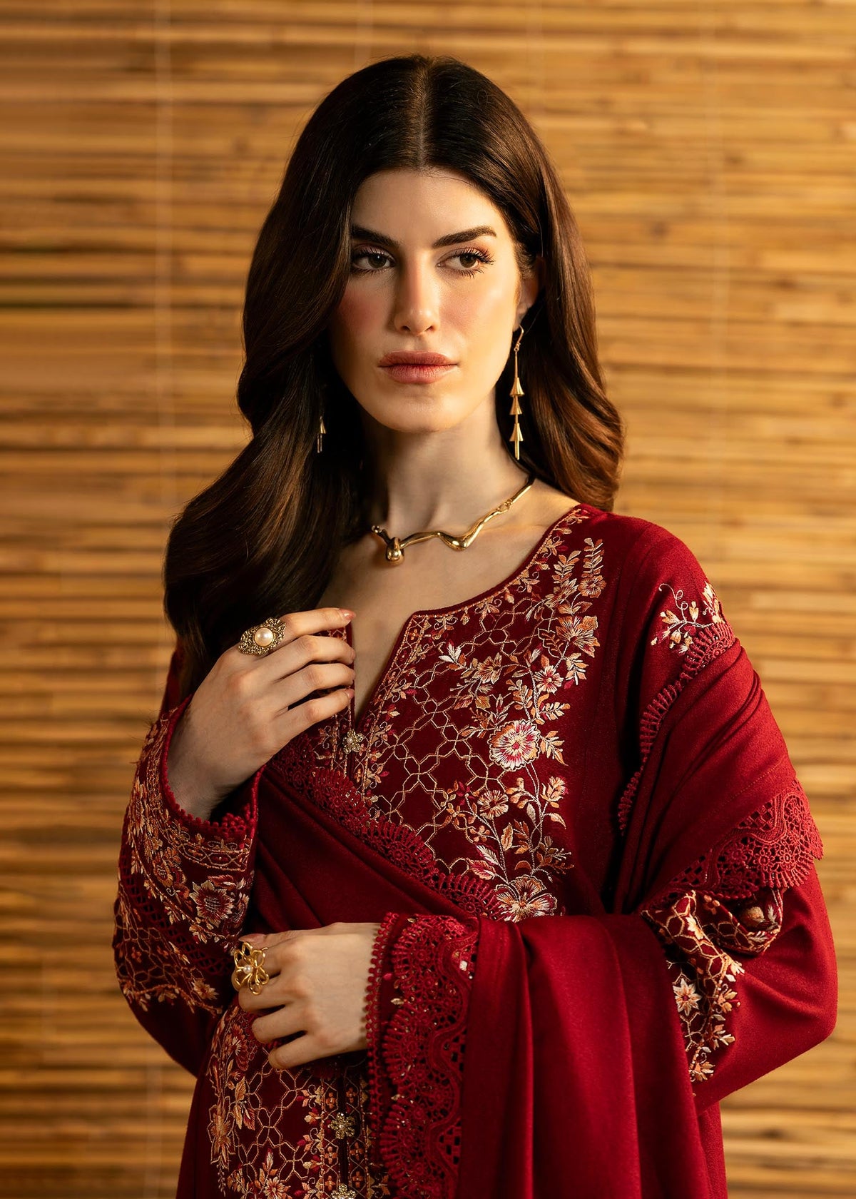 BATIK-3PC DHANAK EMBROIDERED SHIRT WITH DHANAK EMBROIDERED SHAWL AND TROUSER-BIC-5282