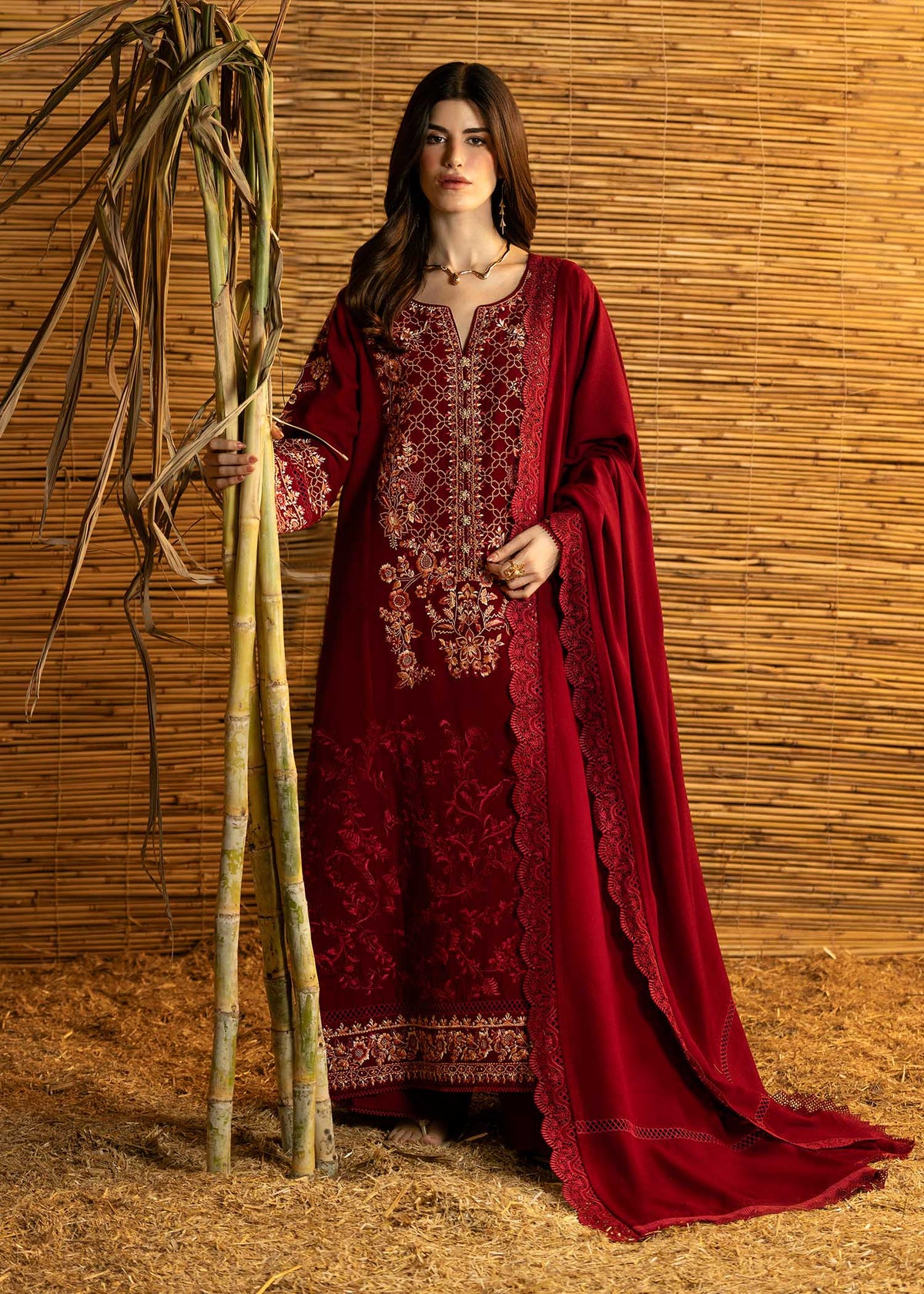 BATIK-3PC DHANAK EMBROIDERED SHIRT WITH DHANAK EMBROIDERED SHAWL AND TROUSER-BIC-5282