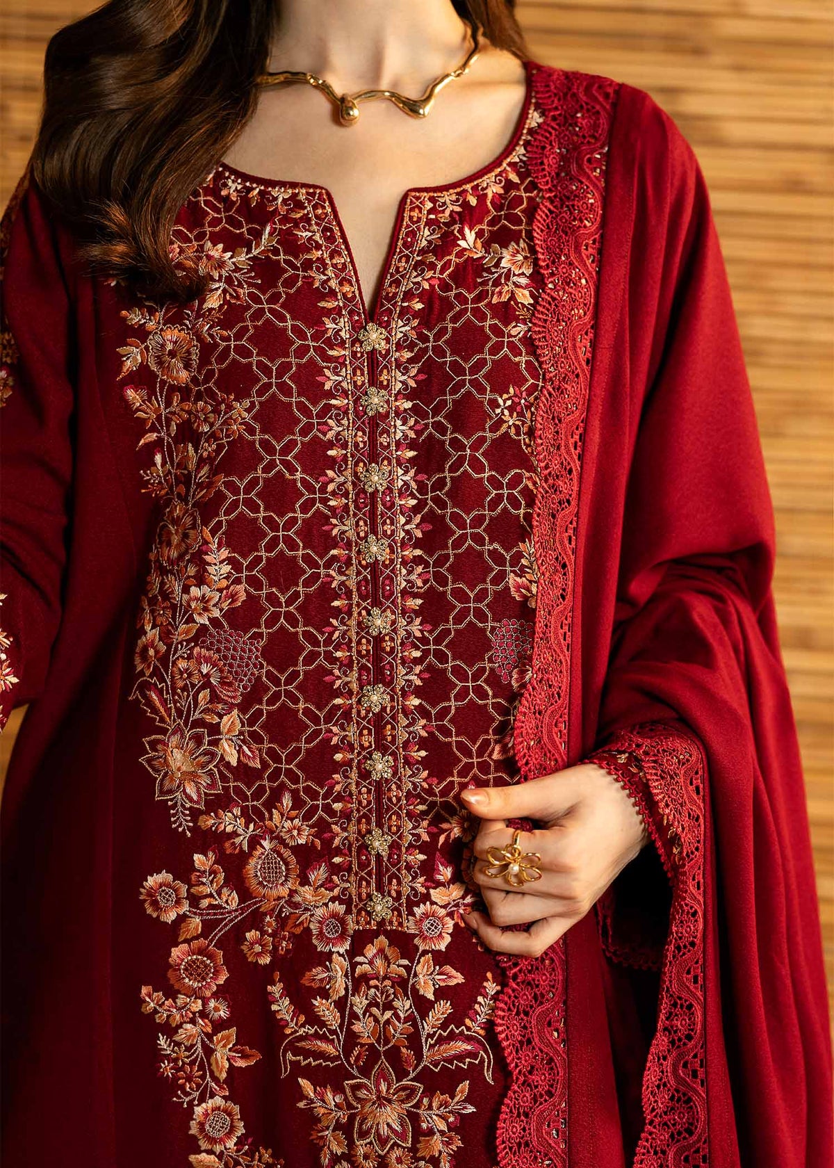 BATIK-3PC DHANAK EMBROIDERED SHIRT WITH DHANAK EMBROIDERED SHAWL AND TROUSER-BIC-5282