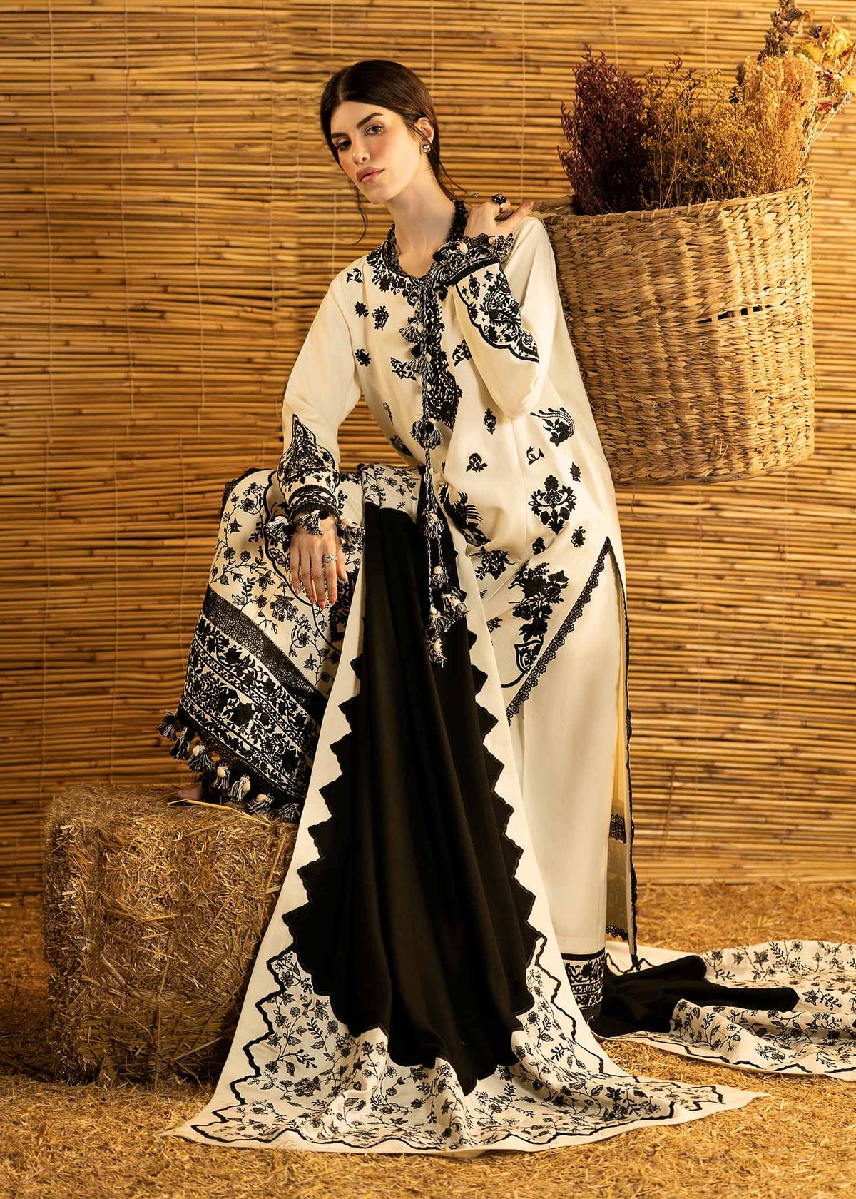 BATIK-3PC DHANAK EMBROIDERED SHIRT WITH DHANAK EMBROIDERED SHAWL AND TROUSER-BIC-5278