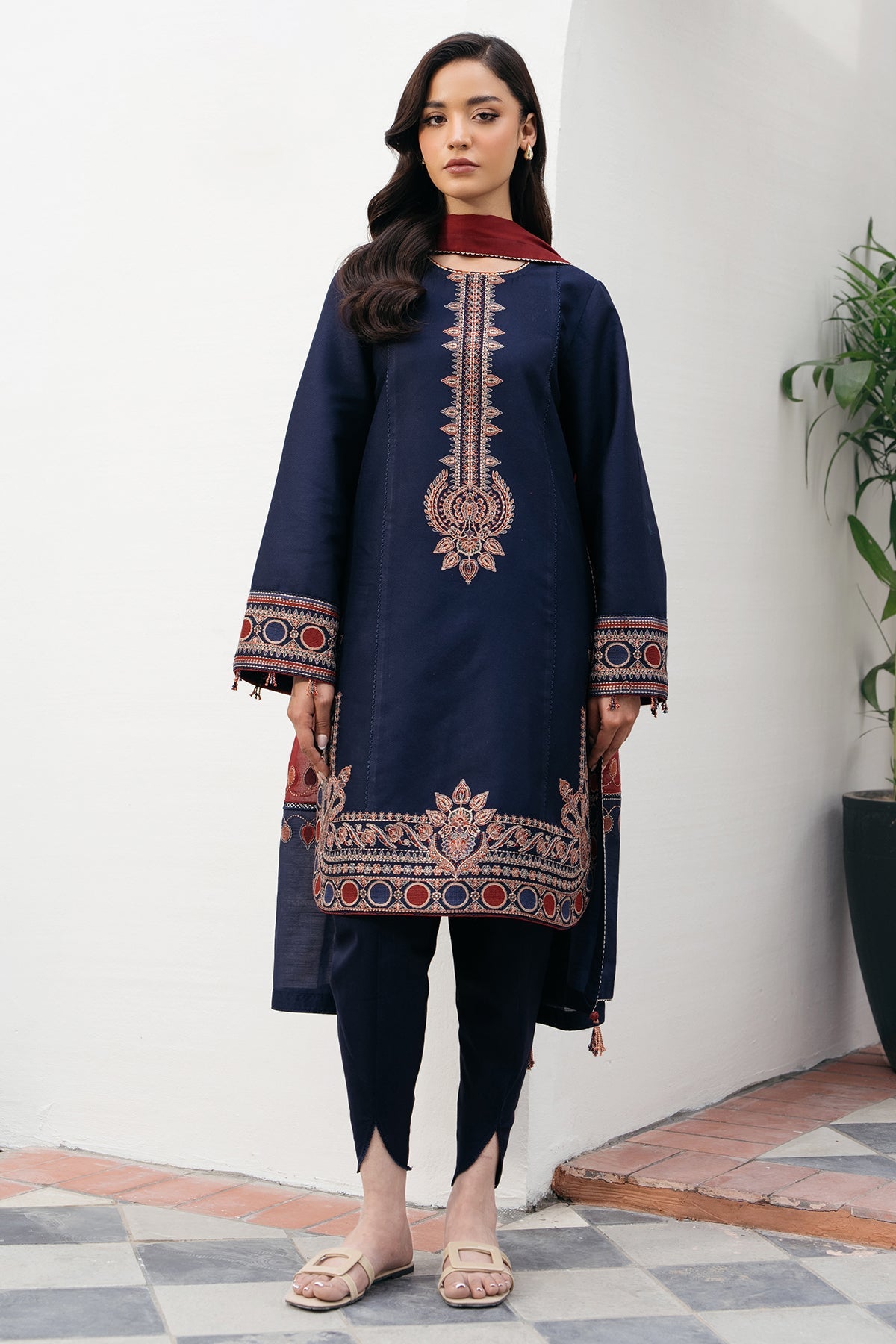 JAZMIN-3PC DHANAK EMBROIDERED SHIRT WITH COURTRAI PRINTED SHAWL AND TROUSER-BIC-4301