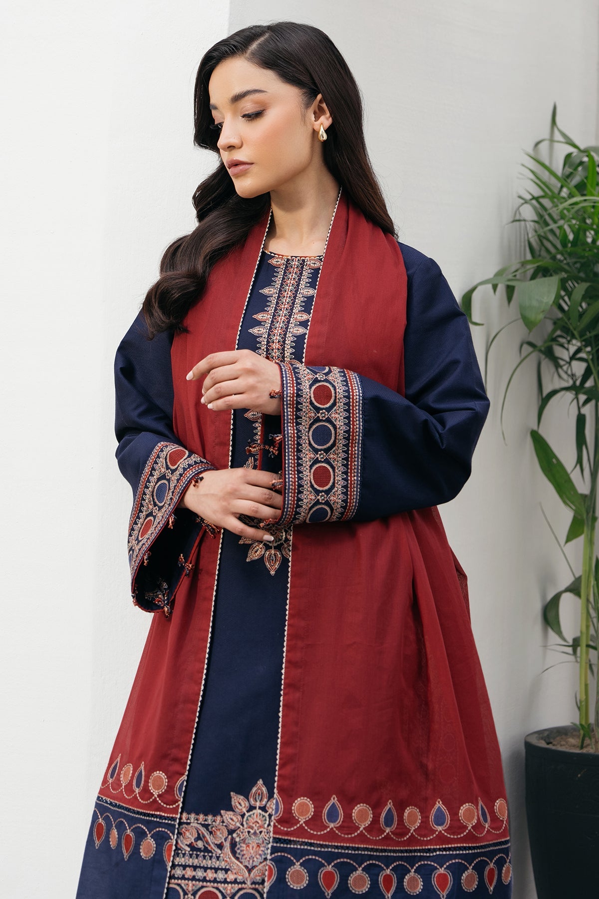 JAZMIN-3PC DHANAK EMBROIDERED SHIRT WITH COURTRAI PRINTED SHAWL AND TROUSER-BIC-4301