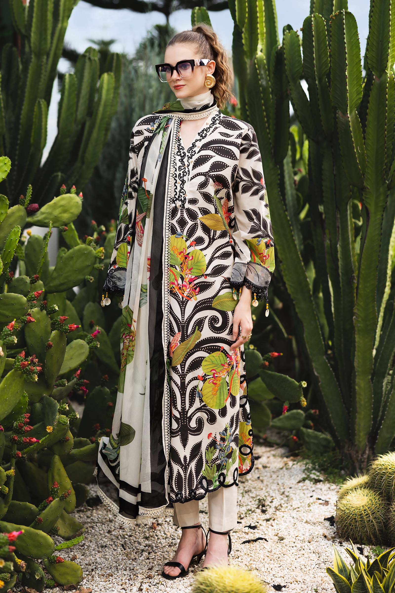 MARIA.B-3PC LAWN DIGITAL PRINTED EMB SHIRT WITH SILK PRINTED DUPATTA AND DYED TROUSER-BIC-047
