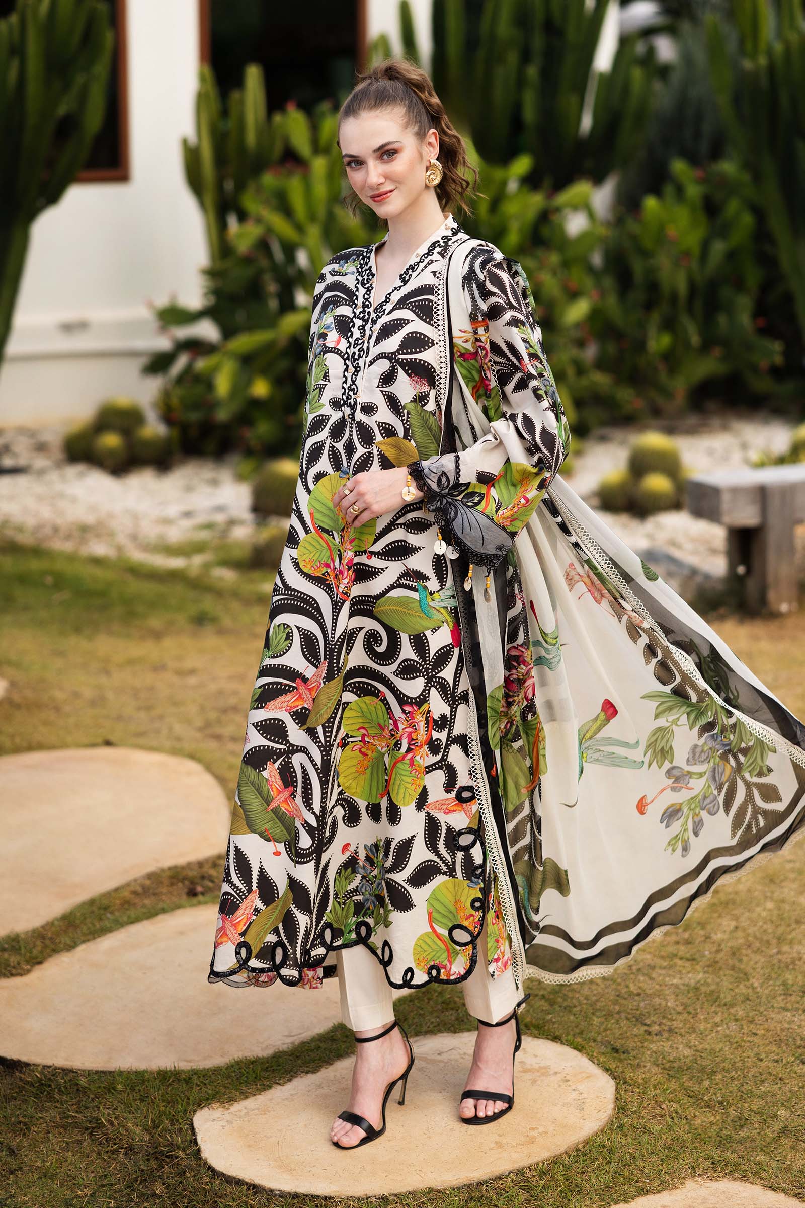 MARIA.B-3PC LAWN DIGITAL PRINTED EMB SHIRT WITH SILK PRINTED DUPATTA AND DYED TROUSER-BIC-047