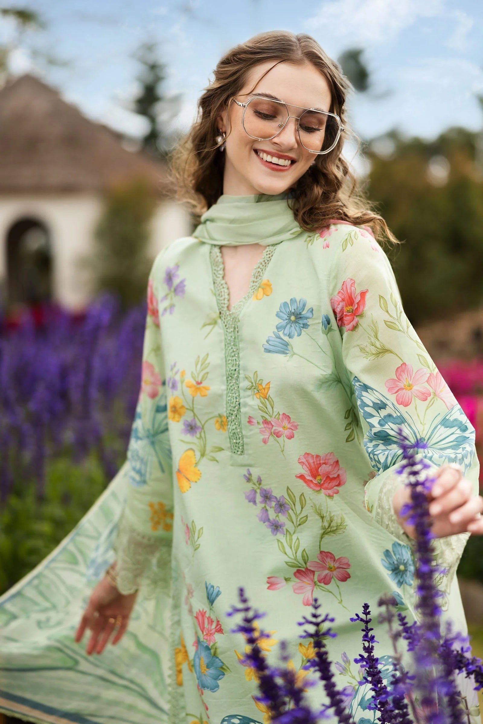 MARIA.B-3PC LAWN DIGITAL PRINTED EMB SHIRT WITH SILK PRINTED DUPATTA AND PRINTED TROUSER-BIC-013
