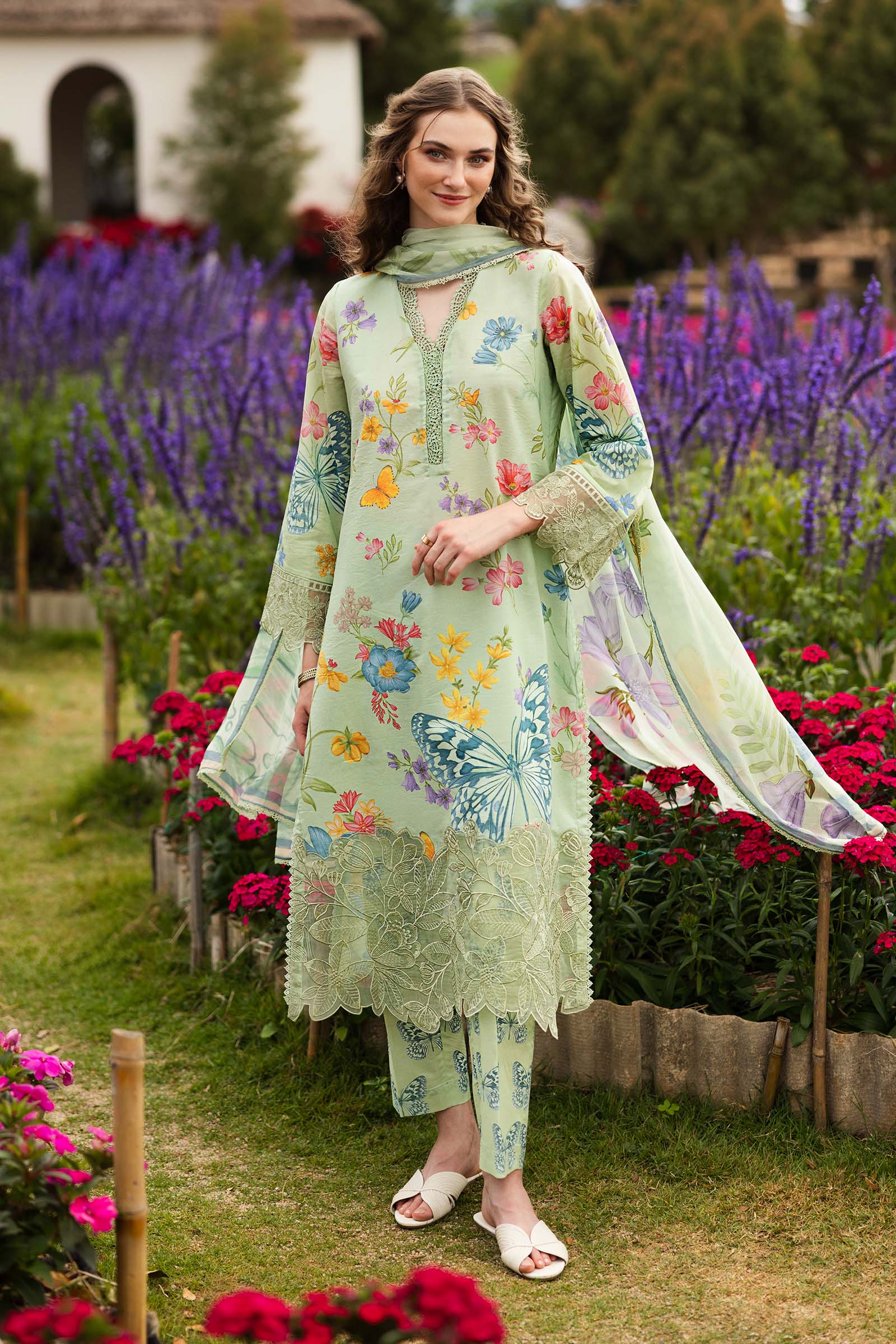 MARIA.B-3PC LAWN DIGITAL PRINTED EMB SHIRT WITH SILK PRINTED DUPATTA AND PRINTED TROUSER-BIC-013