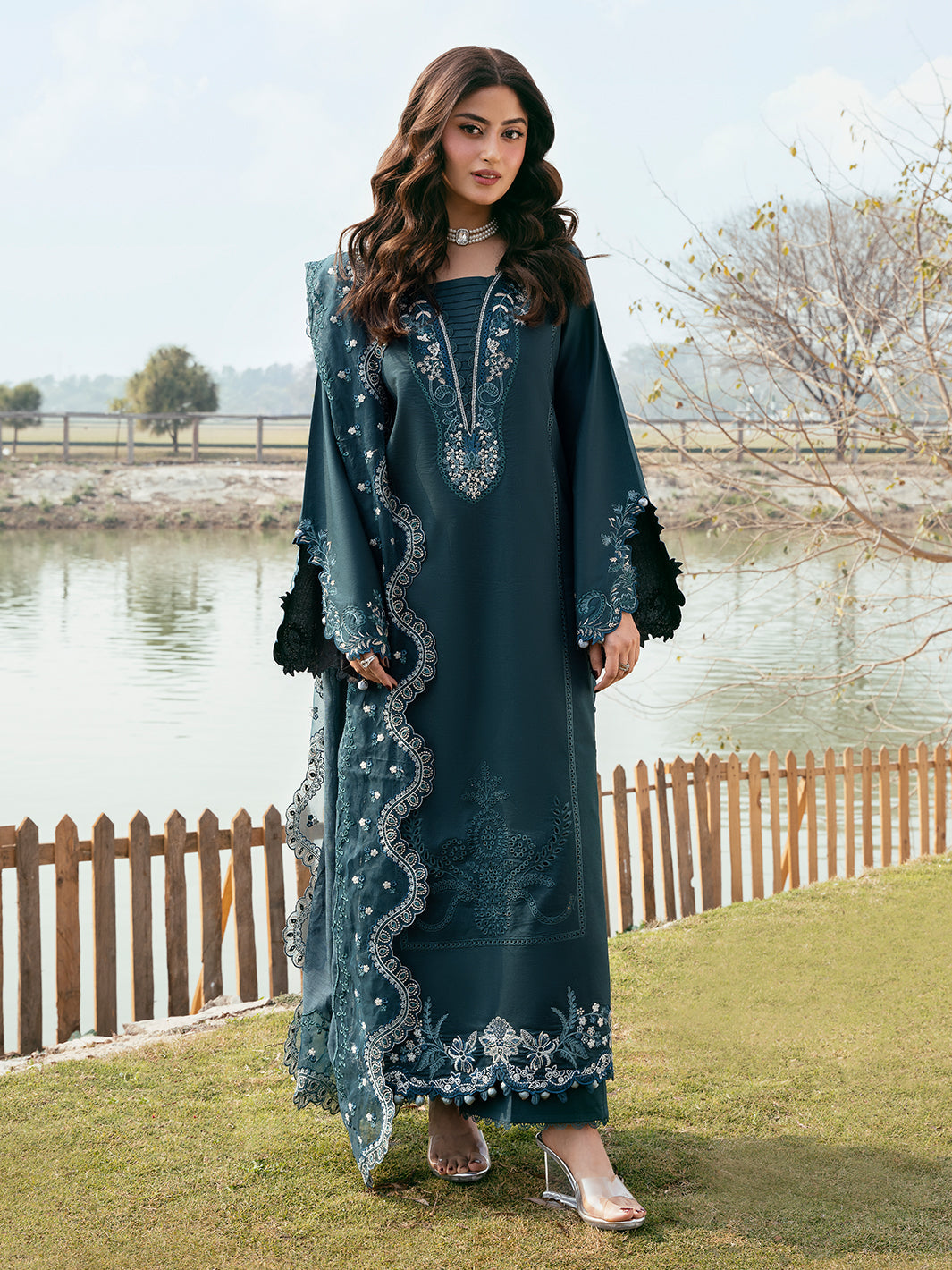 IZEL-3PC LAWN EMBROIDERED SHIRT WITH KHAADI NET EMBROIDERED DUPATTA AND TROUSER-BIC-4822