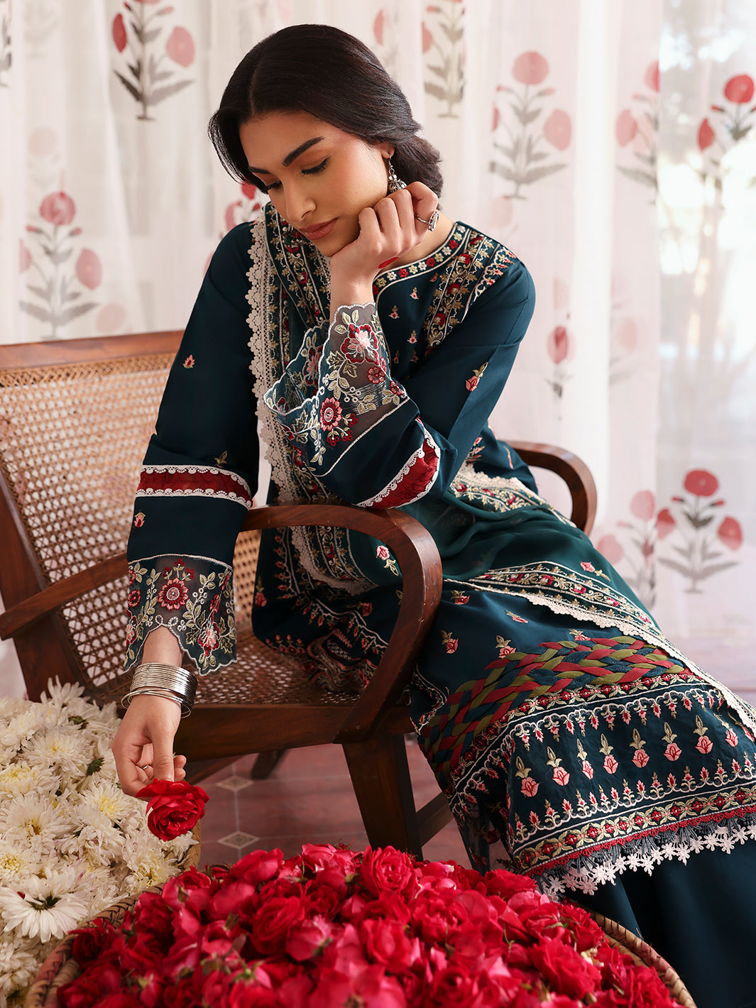 MAHNUR-3PC LAWN LASERWORK EMBROIDERED SHIRT WITH KHAADI NET EMBROIDERED DUPATTA AND TROUSER-BIC-4689