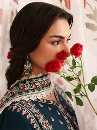MAHNUR-3PC LAWN LASERWORK EMBROIDERED SHIRT WITH KHAADI NET EMBROIDERED DUPATTA AND TROUSER-BIC-4689