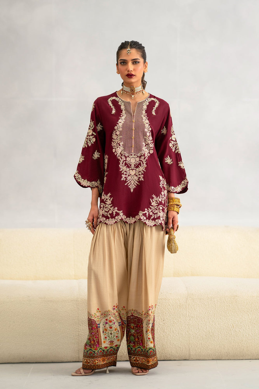 ETHNIC-RAW SILK 2PC -RAW SILK SHIRT EMBROIDRED AND SHEMOZ SILK PRINT TROUSER-15117