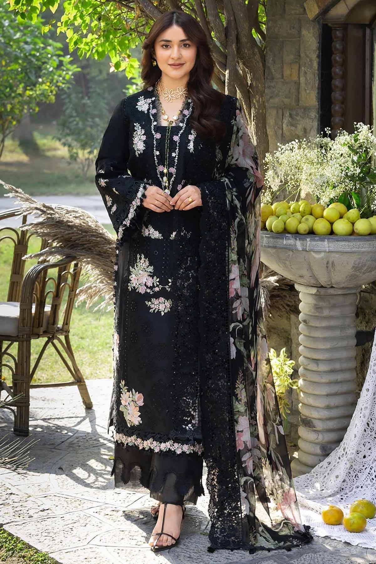 ELAF-3PC LAWN CHIKAN EMBROIDERED SHIRT WITH CHIFFON PRINTED EMB DUPATTA AND TROUSER-BIC-4811