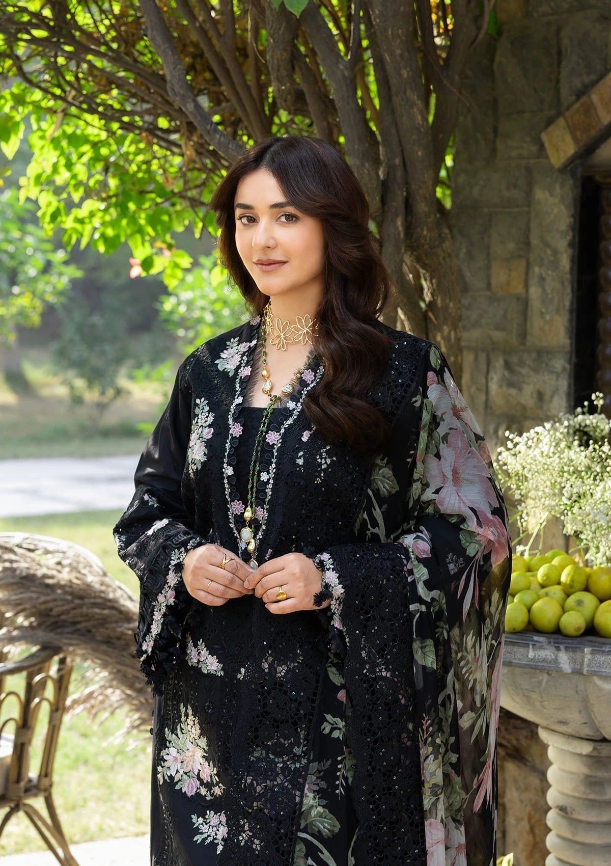 ELAF-3PC LAWN CHIKAN EMBROIDERED SHIRT WITH CHIFFON PRINTED EMB DUPATTA AND TROUSER-BIC-4811